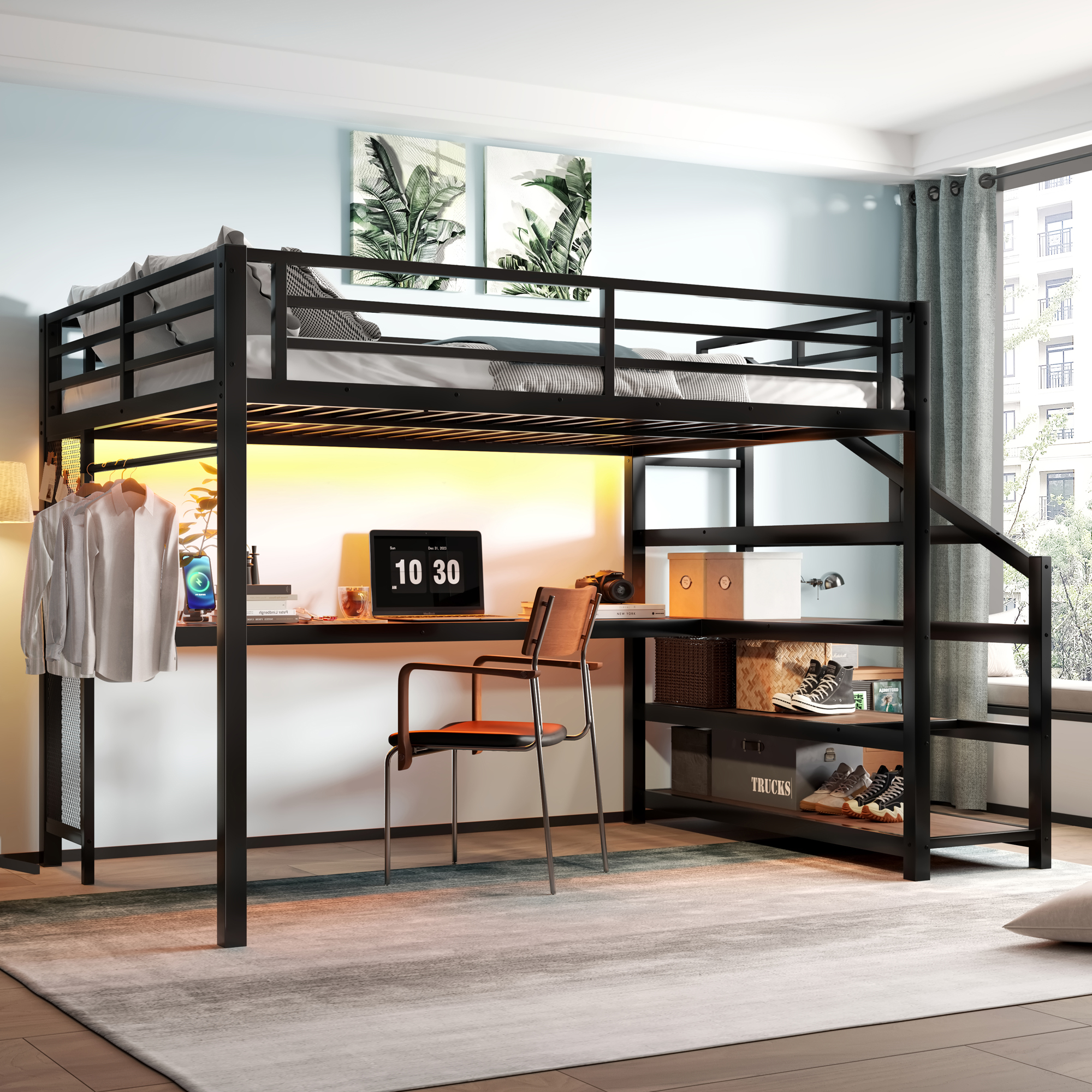 Queen Loft Bed with Desk and Storage Stairs, Metal Loft Beds with LED Lights, USB Ports, Multifunctional Iron Nets, No Spring Box Needed and Noise-free, Black - Image 2