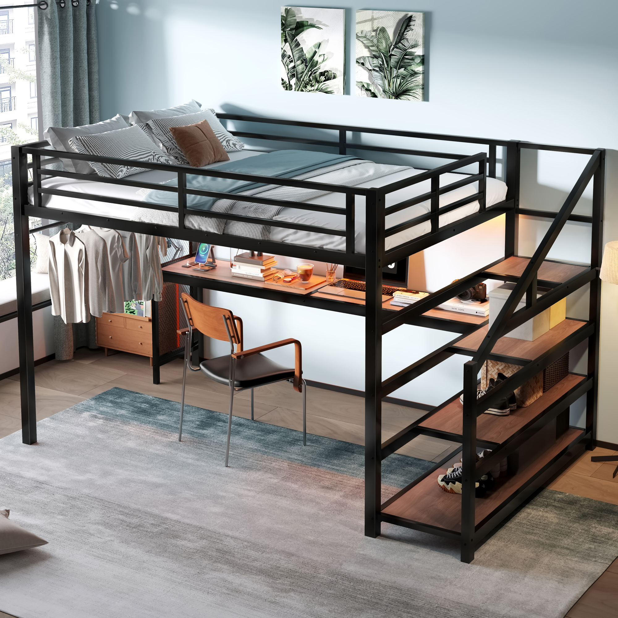 Queen Loft Bed with Desk and Storage Stairs, Metal Loft Beds with LED Lights, USB Ports, Multifunctional Iron Nets, No Spring Box Needed and Noise-free, Black - Image 3