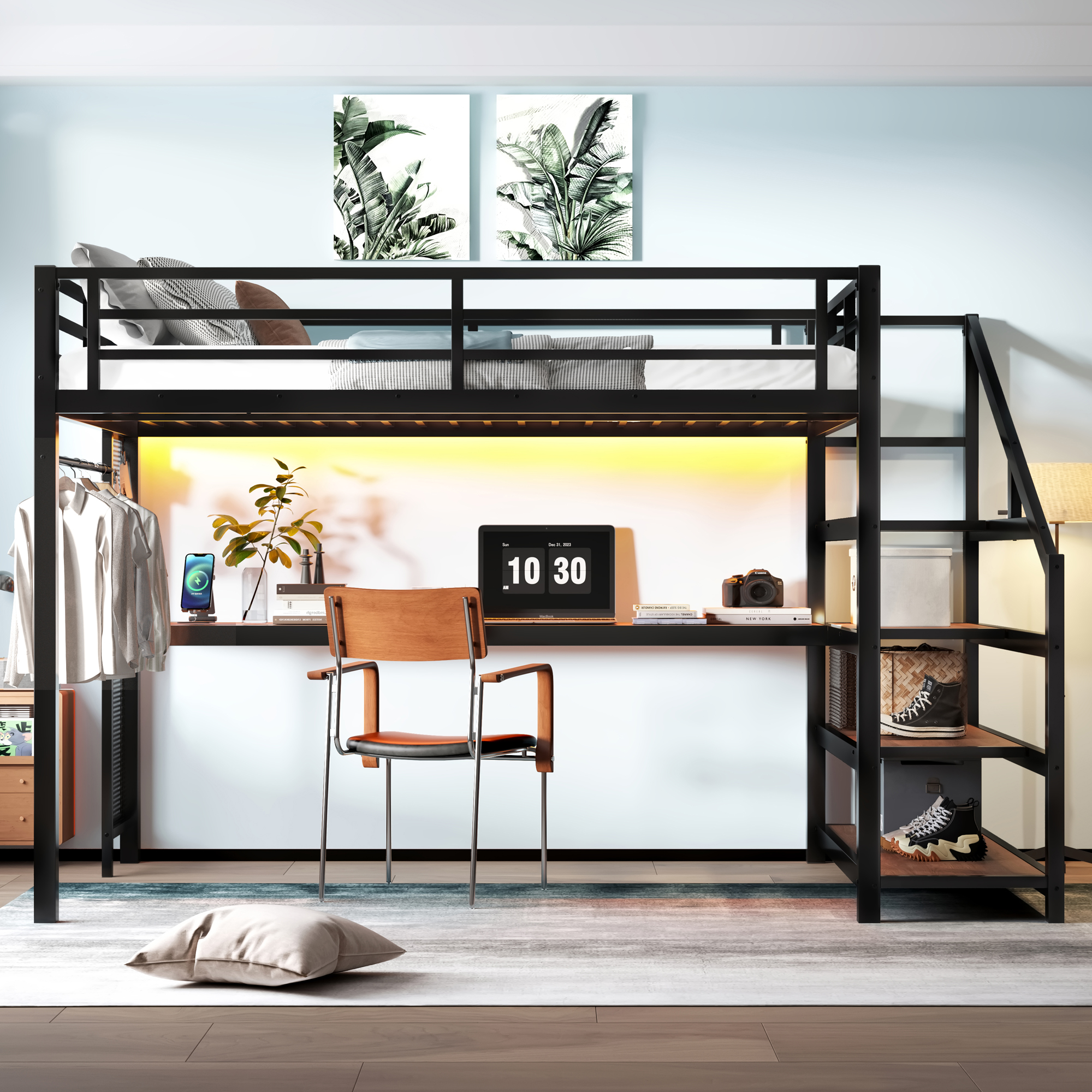 Queen Loft Bed with Desk and Storage Stairs, Metal Loft Beds with LED Lights, USB Ports, Multifunctional Iron Nets, No Spring Box Needed and Noise-free, Black - Image 4