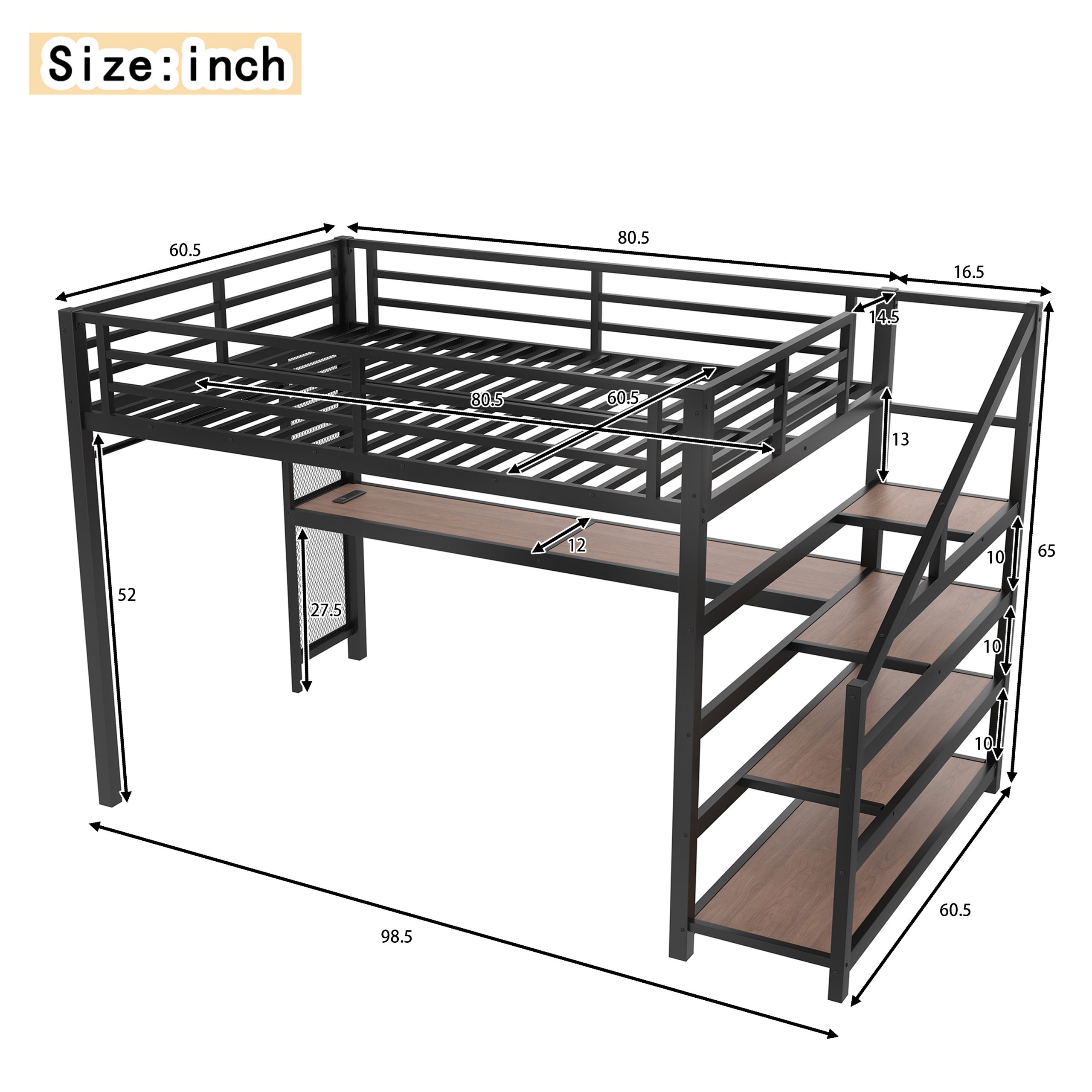 Queen Loft Bed with Desk and Storage Stairs, Metal Loft Beds with LED Lights, USB Ports, Multifunctional Iron Nets, No Spring Box Needed and Noise-free, Black - Image 5