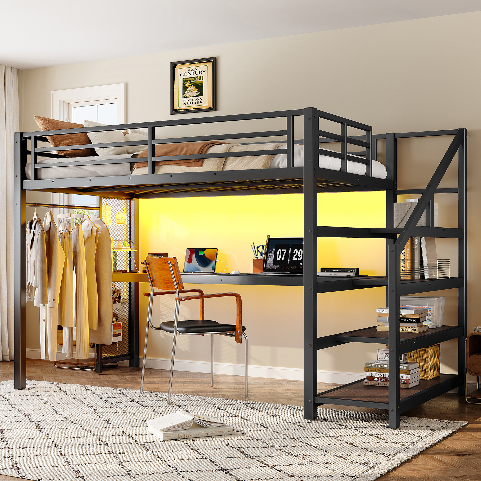 Twin XL Loft Bed with Desk and Storage Stairs, Metal Loft Beds with LED Lights, USB Ports, Multifunctional Iron Nets, No Spring Box Needed and Noise-free, Black - Image 2