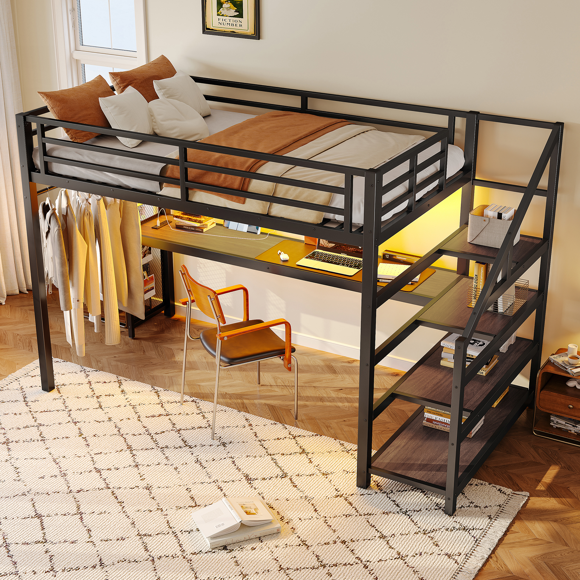 Twin XL Loft Bed with Desk and Storage Stairs, Metal Loft Beds with LED Lights, USB Ports, Multifunctional Iron Nets, No Spring Box Needed and Noise-free, Black - Image 3