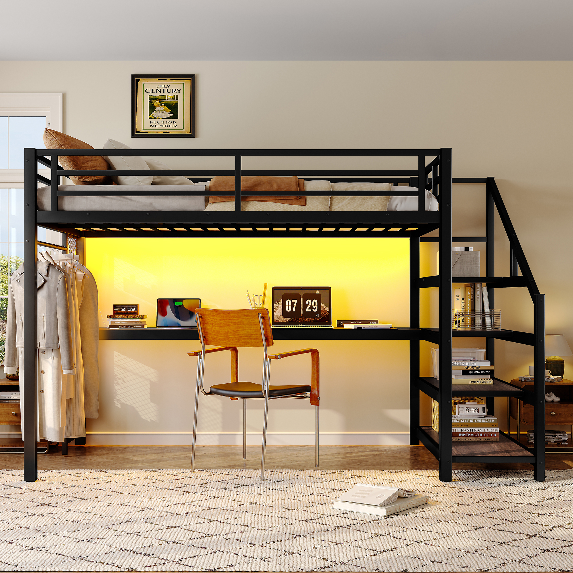 Twin XL Loft Bed with Desk and Storage Stairs, Metal Loft Beds with LED Lights, USB Ports, Multifunctional Iron Nets, No Spring Box Needed and Noise-free, Black - Image 4