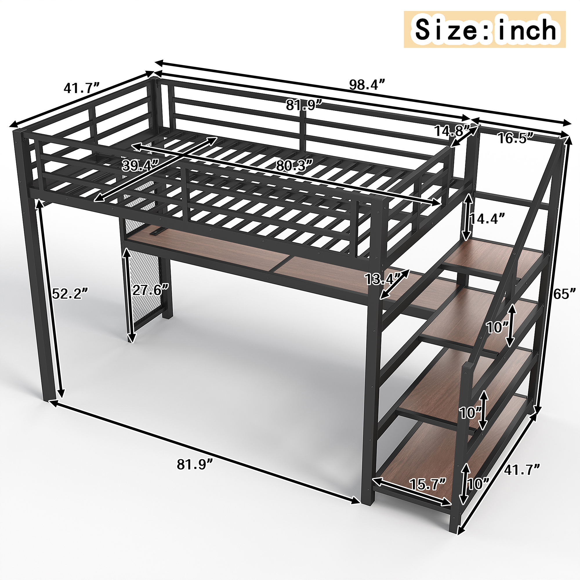 Twin XL Loft Bed with Desk and Storage Stairs, Metal Loft Beds with LED Lights, USB Ports, Multifunctional Iron Nets, No Spring Box Needed and Noise-free, Black - Image 5