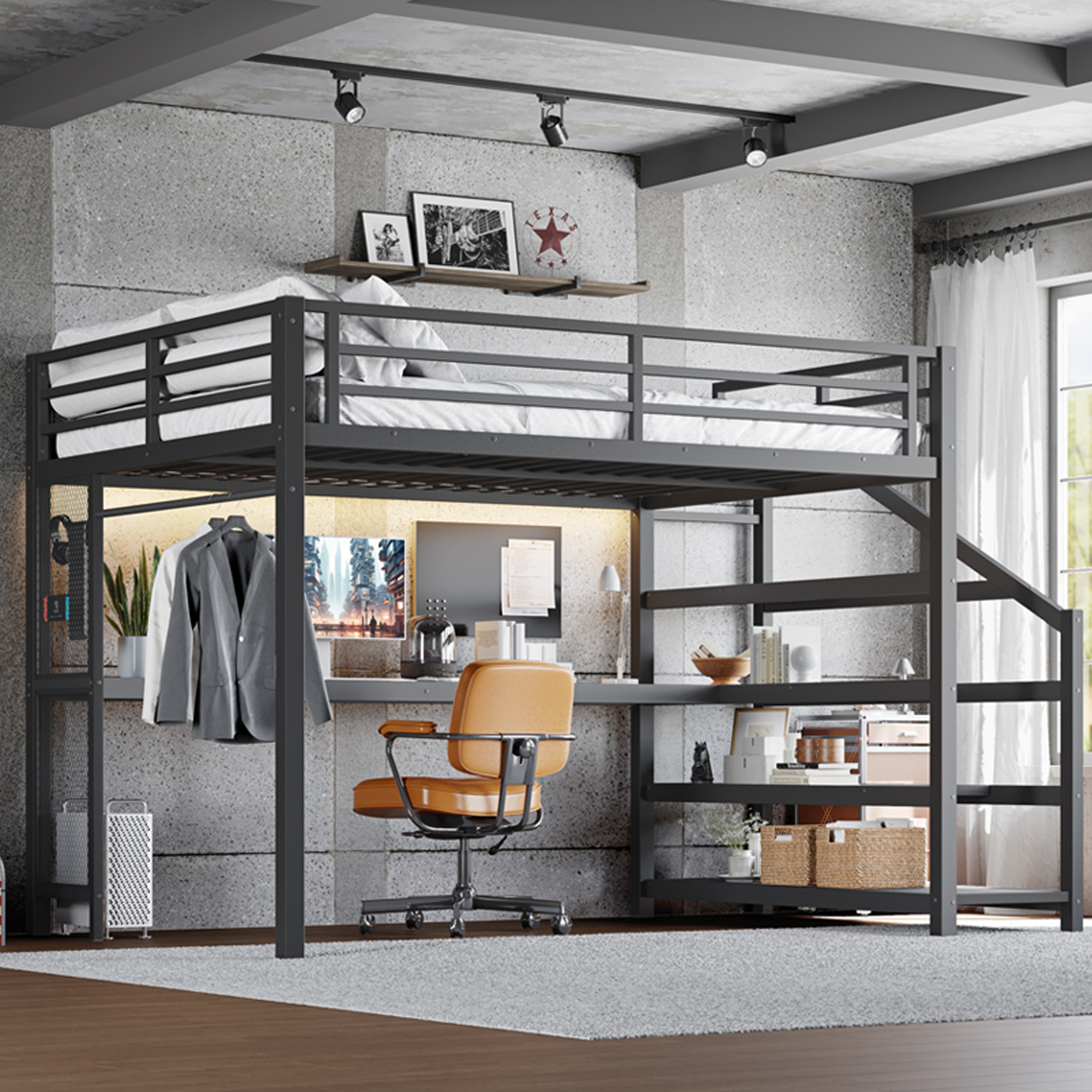 Queen Loft Bed with Desk and Storage Stairs, Metal Loft Beds with LED Lights, USB Ports, Multifunctional Iron Nets, No Spring Box Needed and Noise-free, Black - Image 2