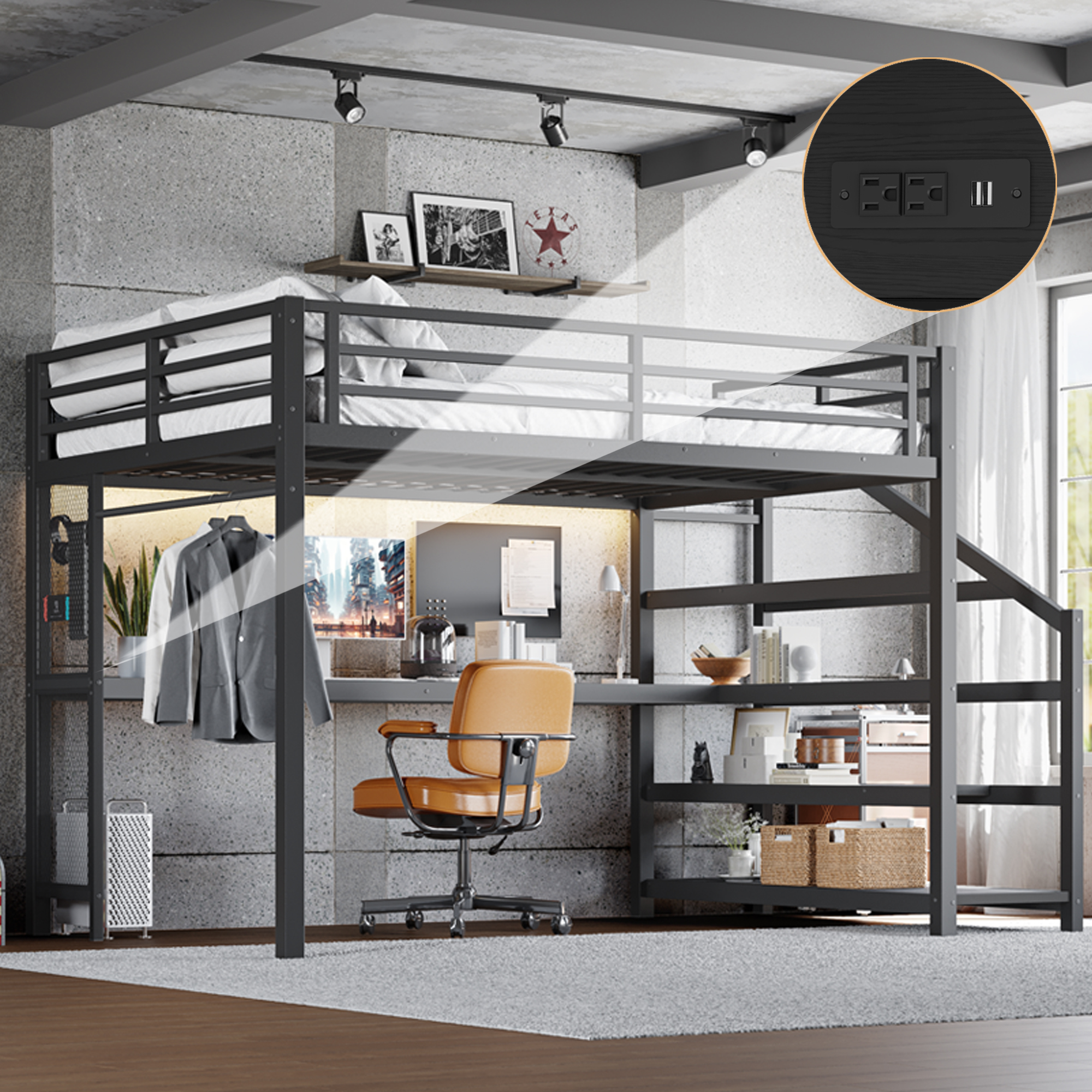 Queen Loft Bed with Desk and Storage Stairs, Metal Loft Beds with LED Lights, USB Ports, Multifunctional Iron Nets, No Spring Box Needed and Noise-free, Black - Image 1