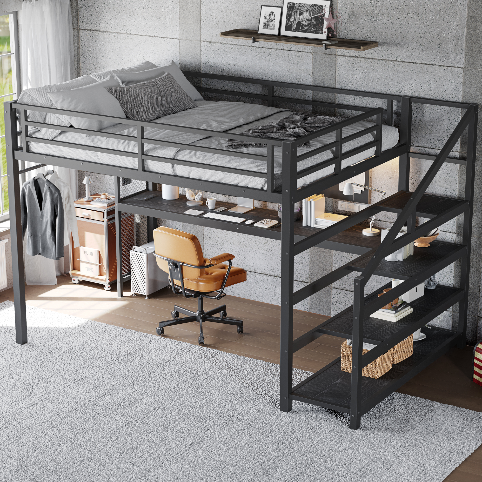 Queen Loft Bed with Desk and Storage Stairs, Metal Loft Beds with LED Lights, USB Ports, Multifunctional Iron Nets, No Spring Box Needed and Noise-free, Black - Image 3