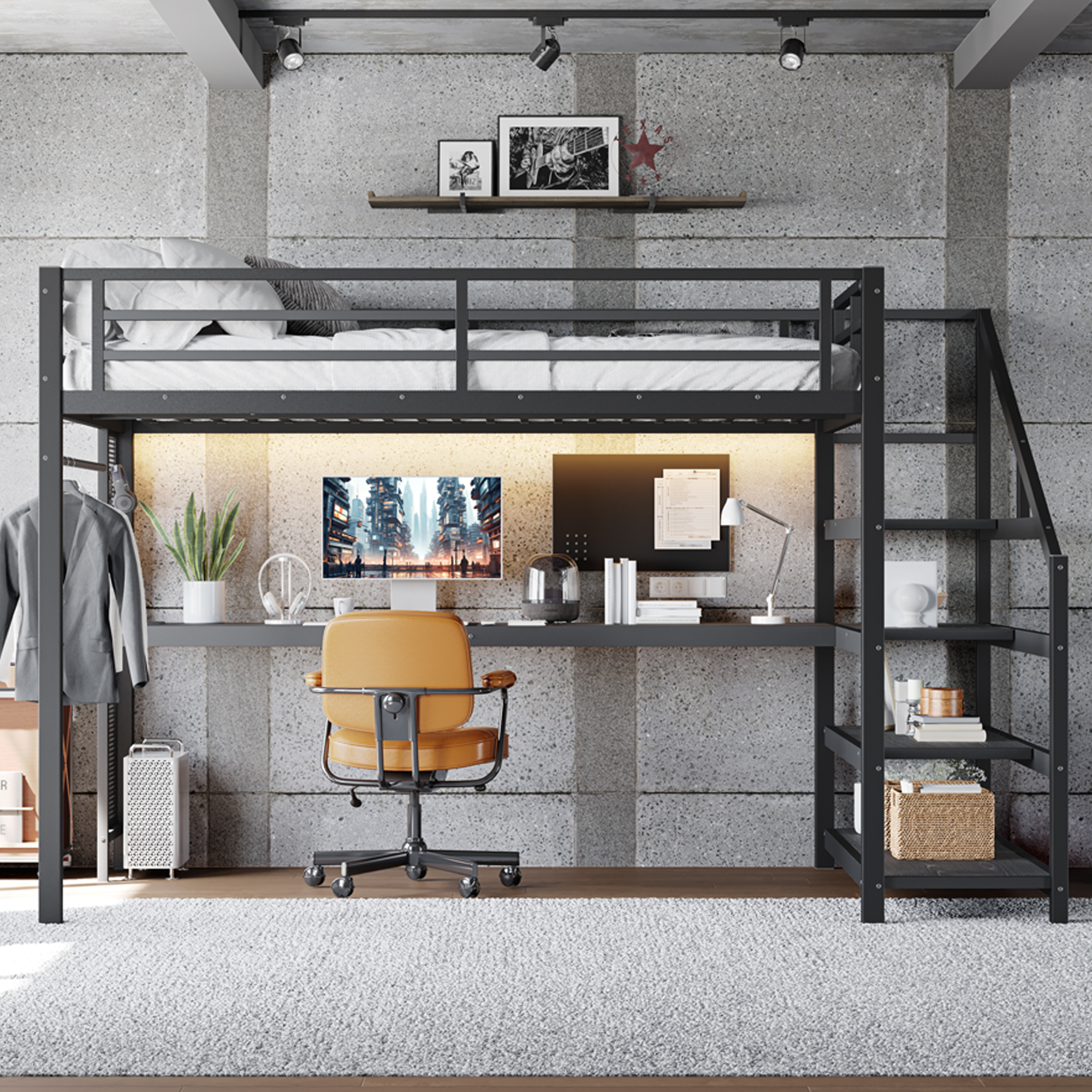 Queen Loft Bed with Desk and Storage Stairs, Metal Loft Beds with LED Lights, USB Ports, Multifunctional Iron Nets, No Spring Box Needed and Noise-free, Black - Image 4
