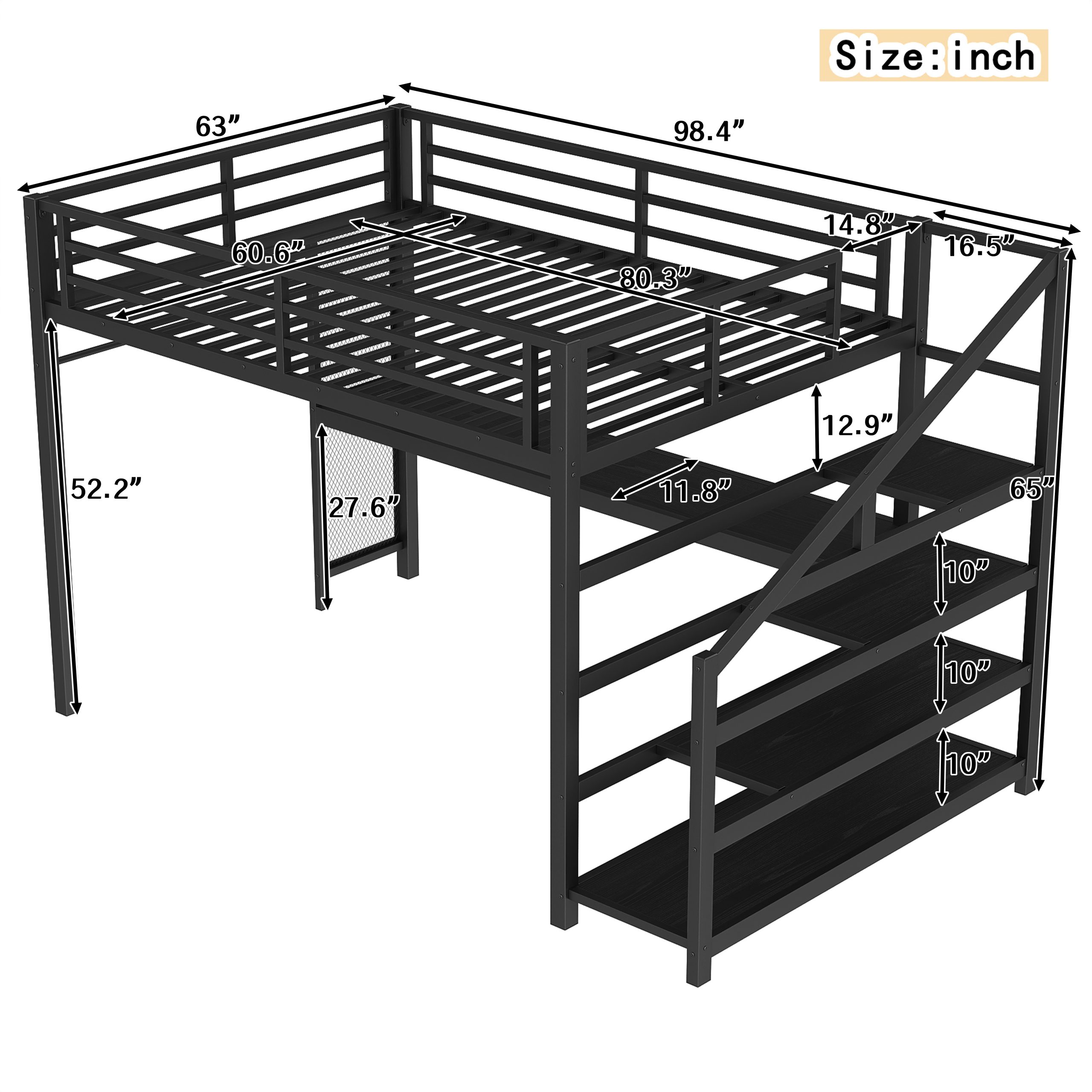 Queen Loft Bed with Desk and Storage Stairs, Metal Loft Beds with LED Lights, USB Ports, Multifunctional Iron Nets, No Spring Box Needed and Noise-free, Black - Image 5