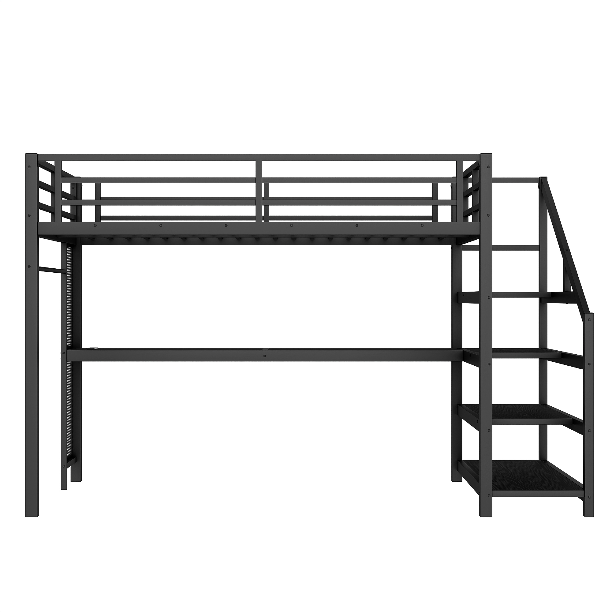 Queen Loft Bed with Desk and Storage Stairs, Metal Loft Beds with LED Lights, USB Ports, Multifunctional Iron Nets, No Spring Box Needed and Noise-free, Black - Image 6