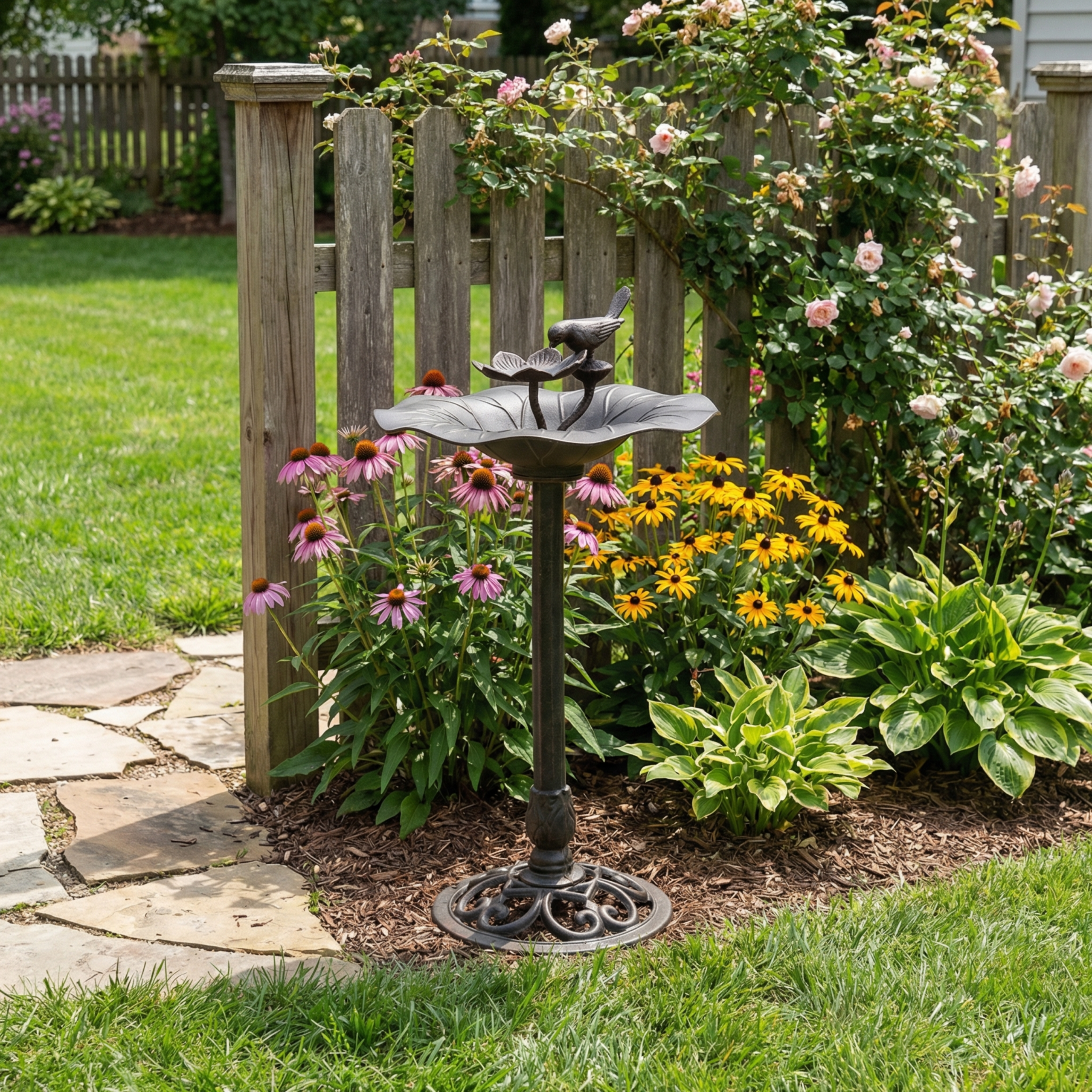 Lancaster Outdoor Aluminum and Iron Top Bird Bath with Iron Base, Bronze - Image 3