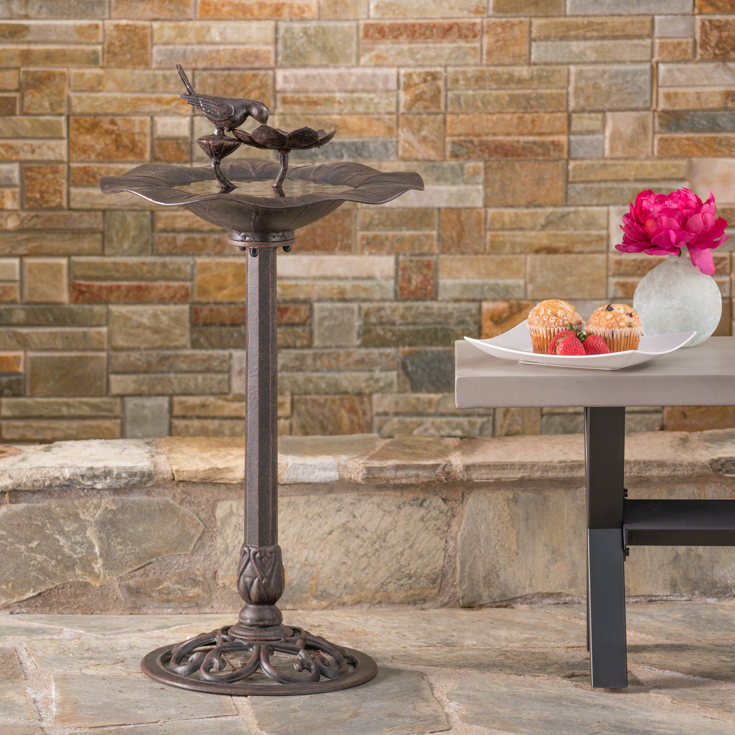 Lancaster Outdoor Aluminum and Iron Top Bird Bath with Iron Base, Bronze - Image 5