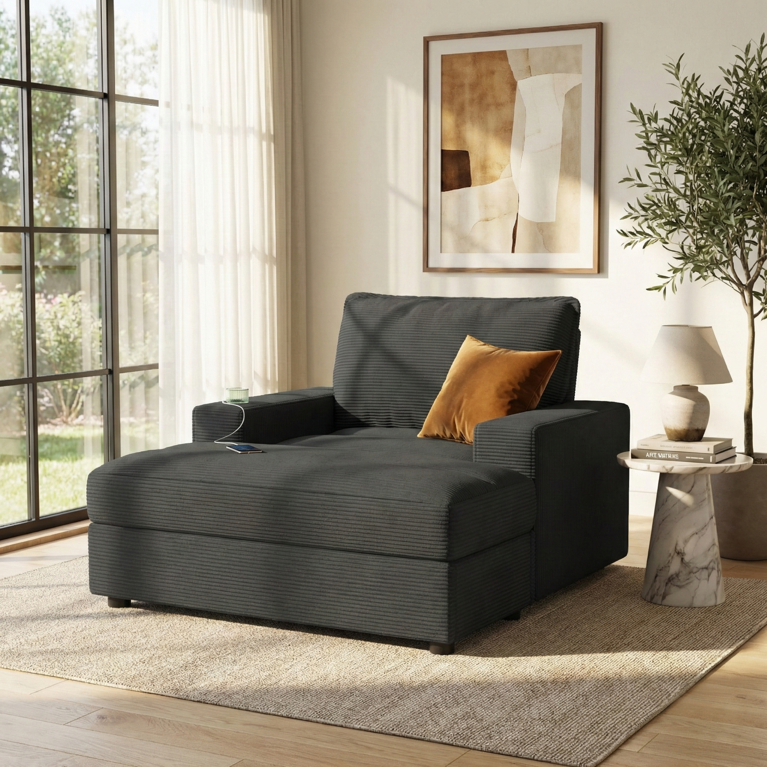 42.8" Oversized Chaise Lounge Chair with Storage Ottoman, Corduroy Sofa Bed with Cup Holders & USB Charging Port, Upholstered Sleeper Chair, Deep - Seat Reading Couch for Living Room, Bedroom,Grey - Image 2
