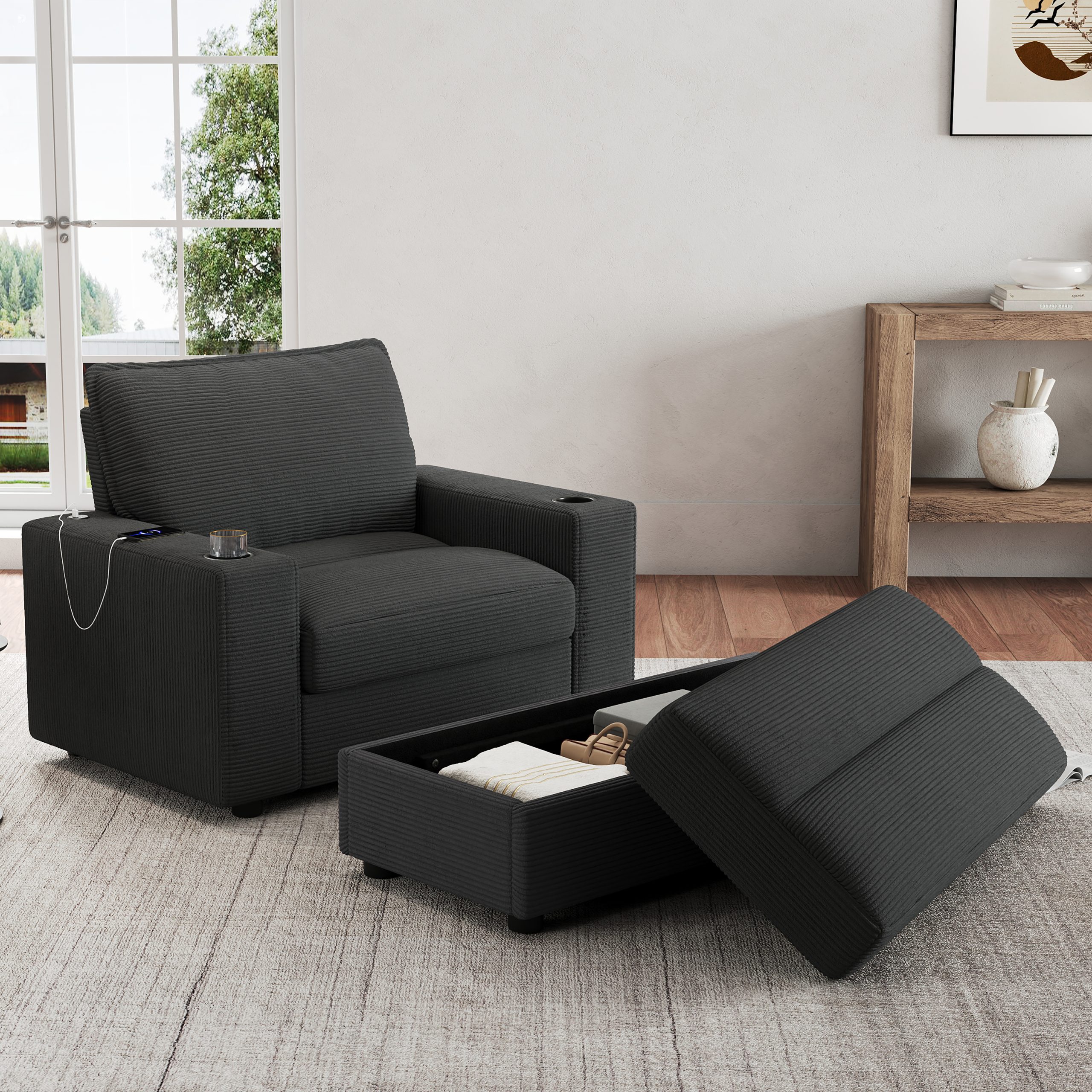 42.8" Oversized Chaise Lounge Chair with Storage Ottoman, Corduroy Sofa Bed with Cup Holders & USB Charging Port, Upholstered Sleeper Chair, Deep - Seat Reading Couch for Living Room, Bedroom,Grey - Image 3