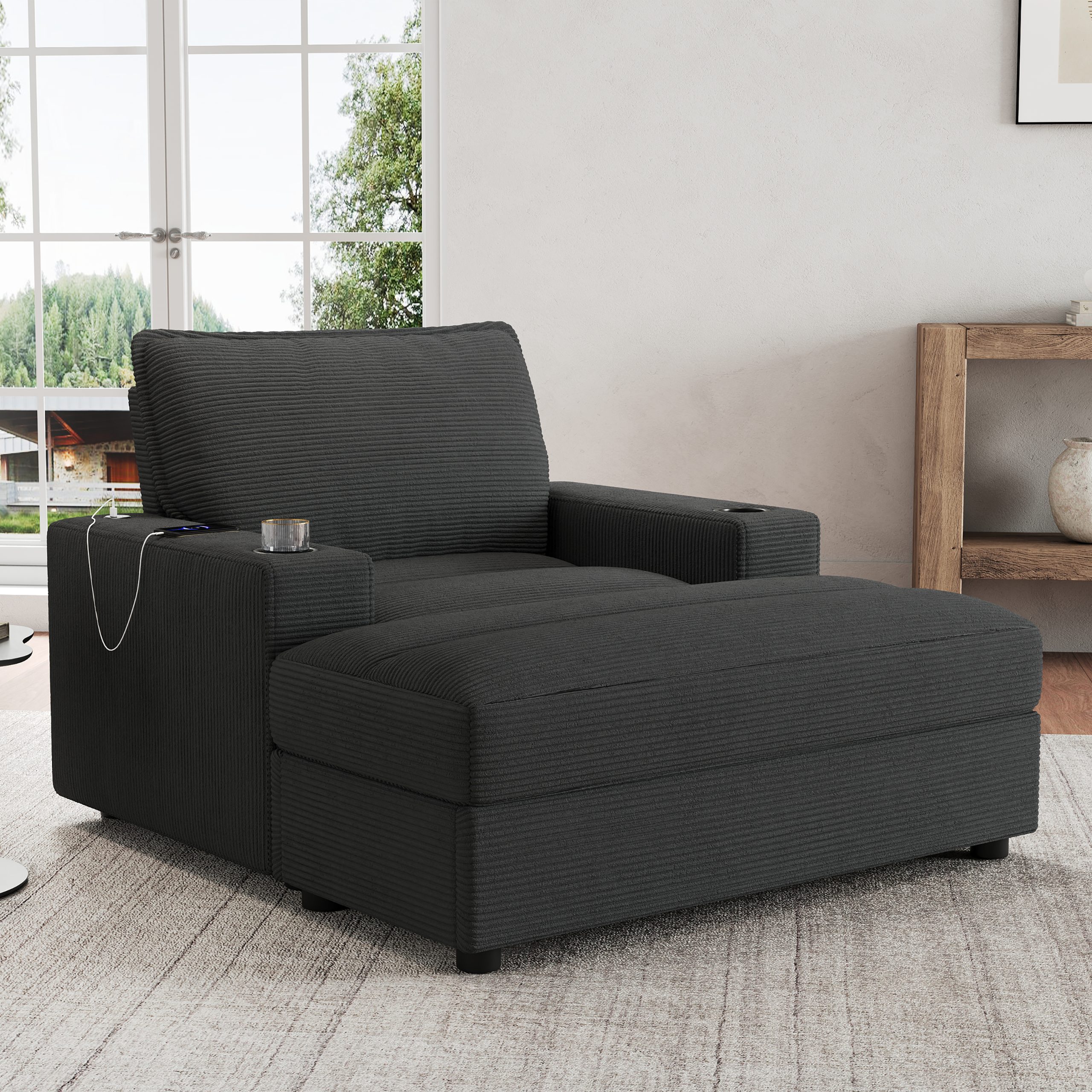 42.8" Oversized Chaise Lounge Chair with Storage Ottoman, Corduroy Sofa Bed with Cup Holders & USB Charging Port, Upholstered Sleeper Chair, Deep - Seat Reading Couch for Living Room, Bedroom,Grey - Image 4