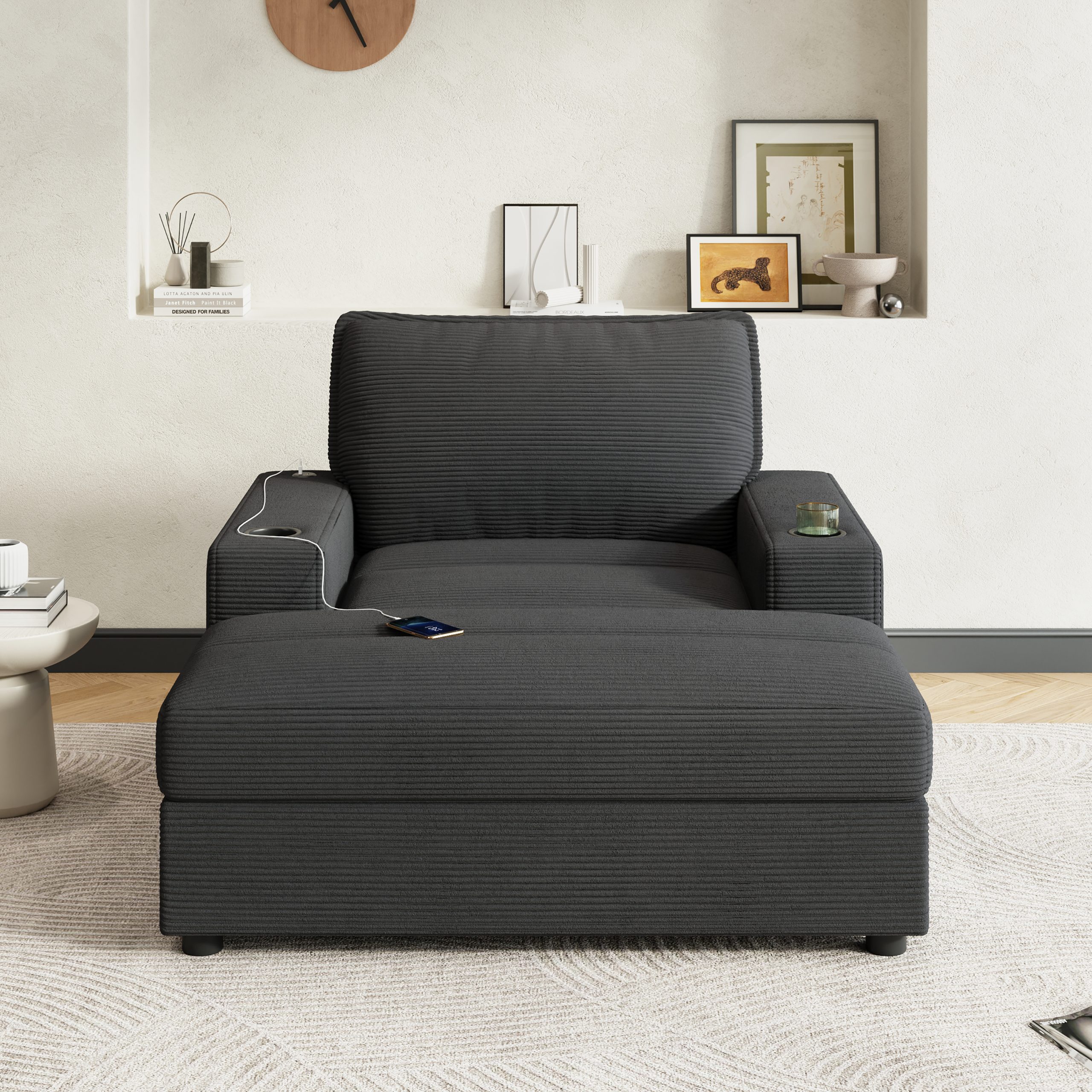 42.8" Oversized Chaise Lounge Chair with Storage Ottoman, Corduroy Sofa Bed with Cup Holders & USB Charging Port, Upholstered Sleeper Chair, Deep - Seat Reading Couch for Living Room, Bedroom,Grey - Image 5