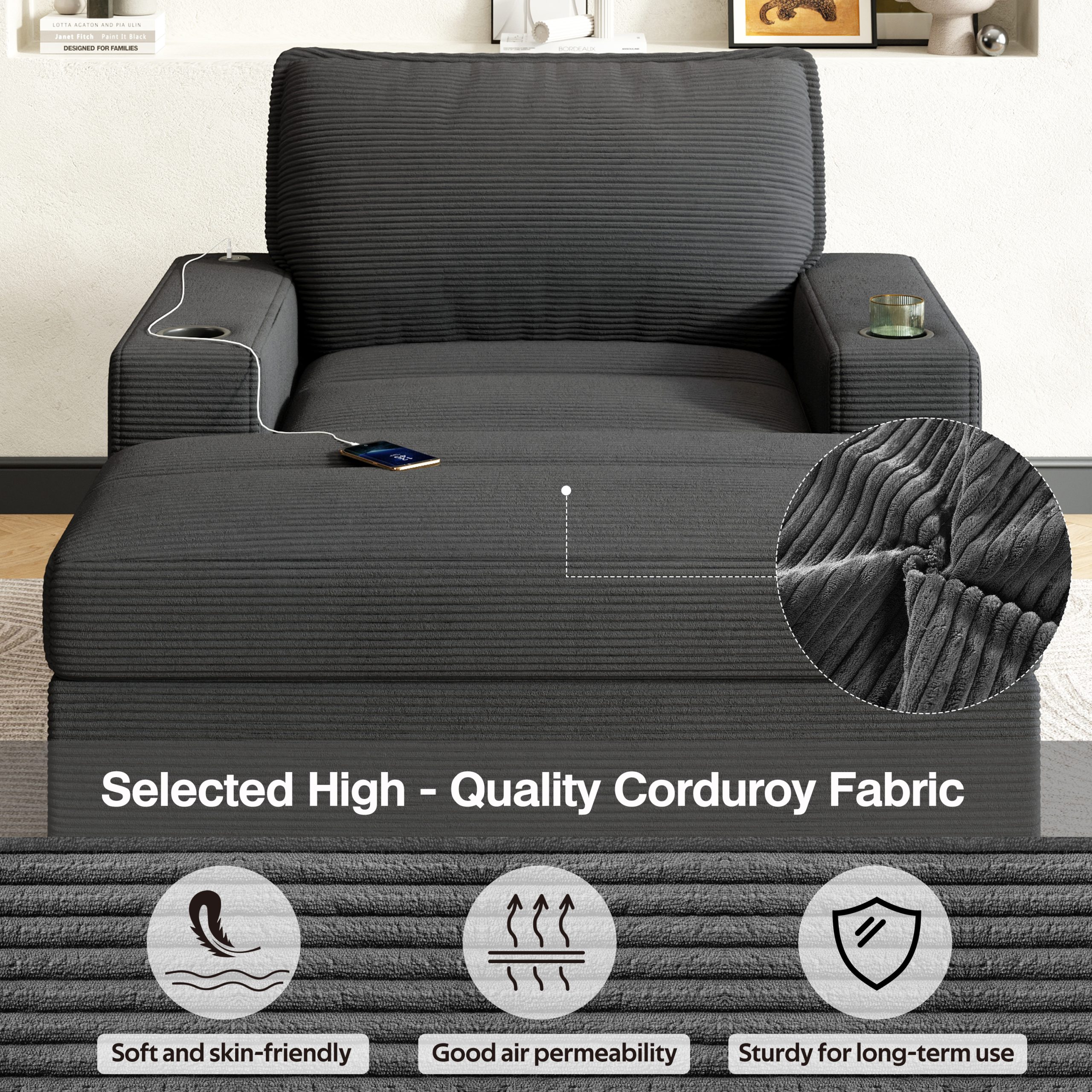 42.8" Oversized Chaise Lounge Chair with Storage Ottoman, Corduroy Sofa Bed with Cup Holders & USB Charging Port, Upholstered Sleeper Chair, Deep - Seat Reading Couch for Living Room, Bedroom,Grey - Image 6