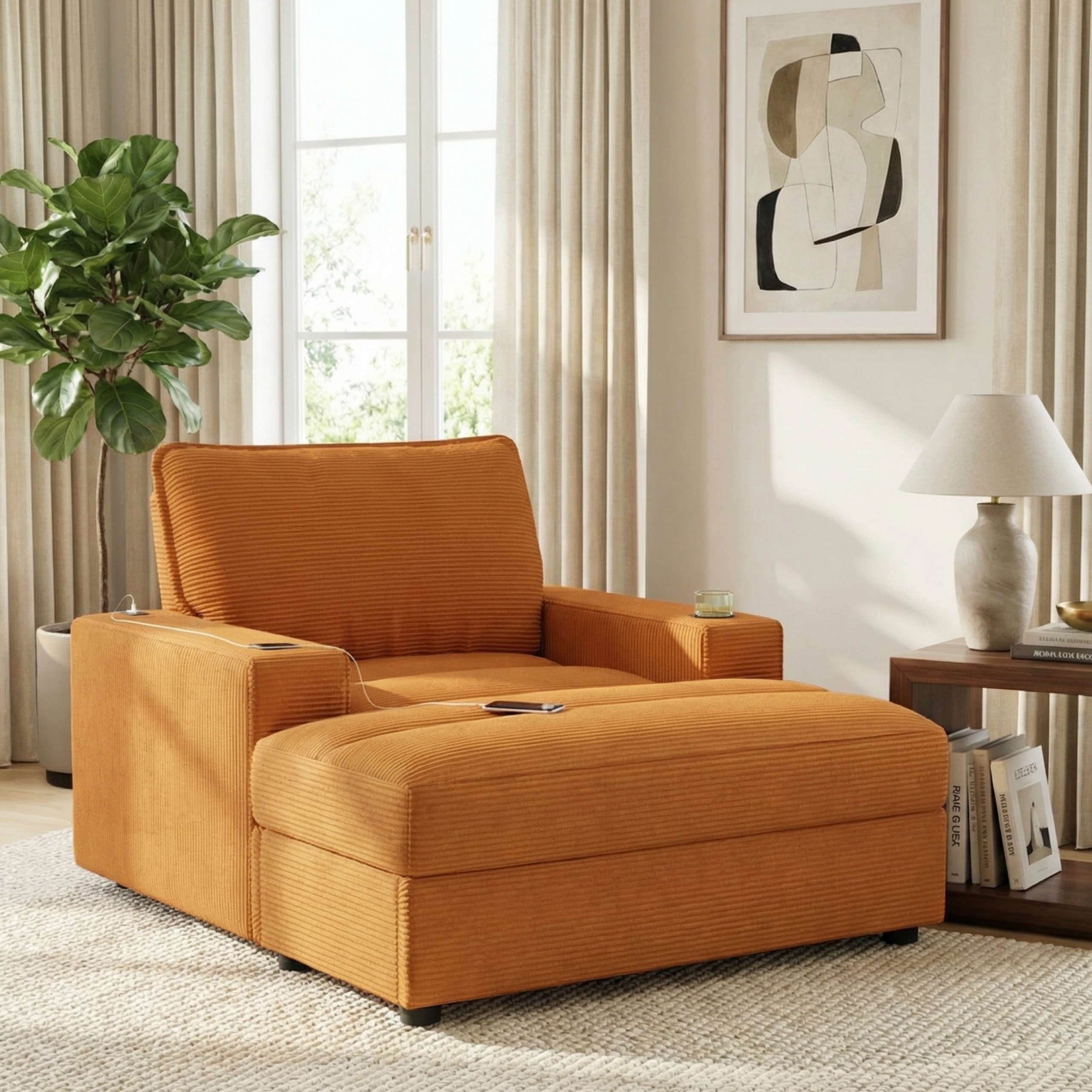 42.8" Oversized Chaise Lounge Chair with Storage Ottoman, Corduroy Sofa Bed with Cup Holders & USB Charging Port, Upholstered Sleeper Chair, Deep - Seat Reading Couch for Living Room, Bedroom,Yellow - Image 2