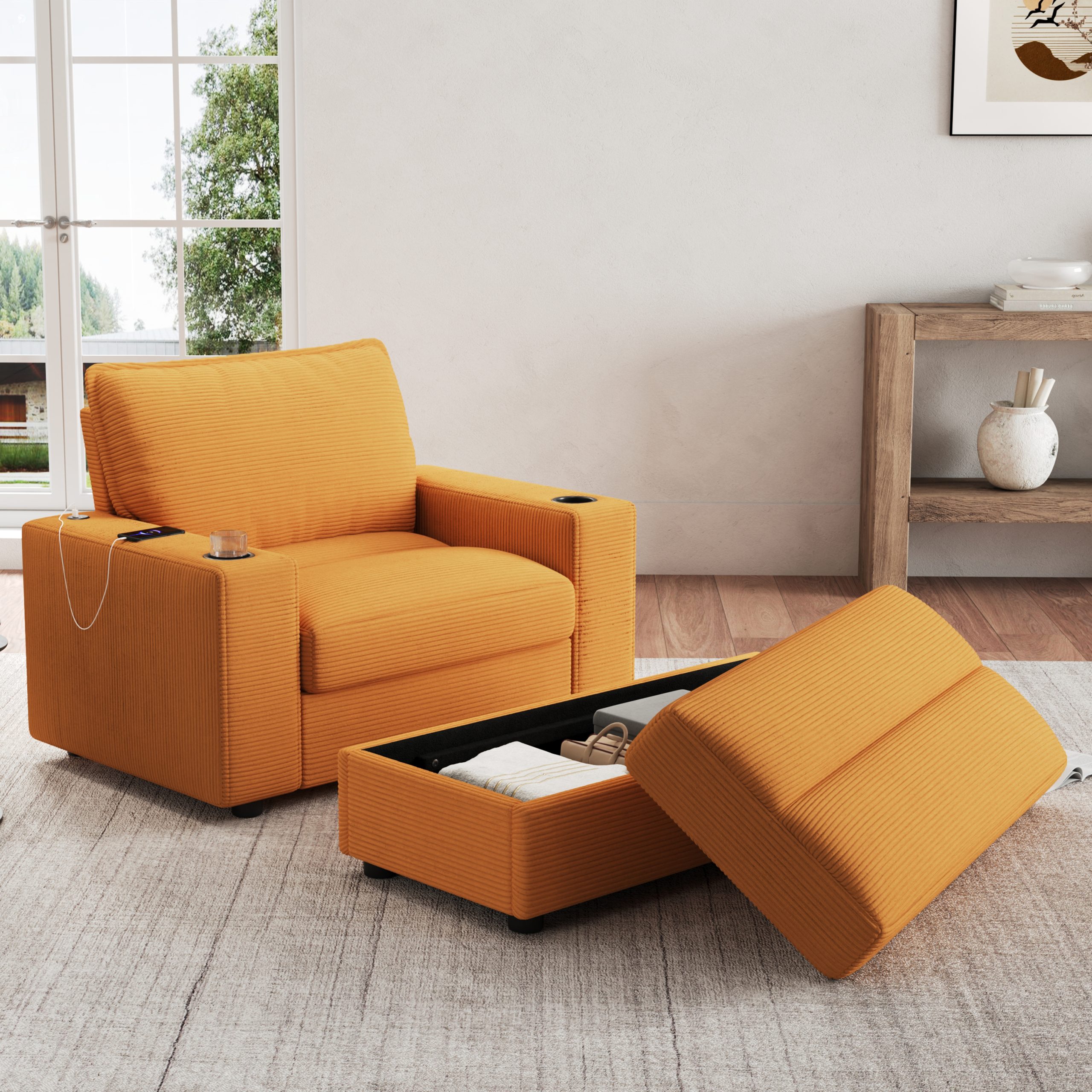 42.8" Oversized Chaise Lounge Chair with Storage Ottoman, Corduroy Sofa Bed with Cup Holders & USB Charging Port, Upholstered Sleeper Chair, Deep - Seat Reading Couch for Living Room, Bedroom,Yellow - Image 3