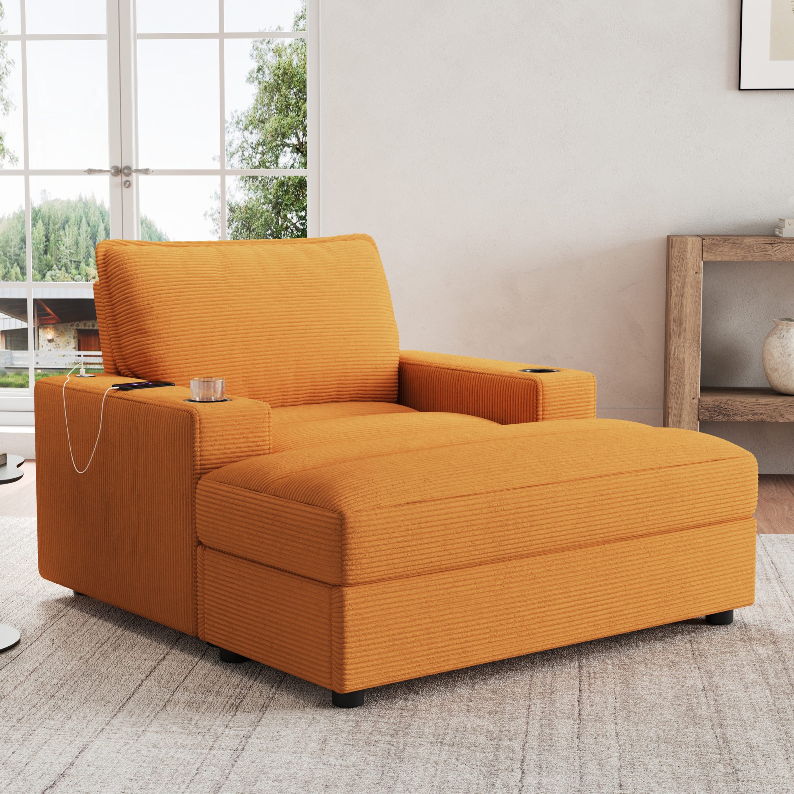 42.8" Oversized Chaise Lounge Chair with Storage Ottoman, Corduroy Sofa Bed with Cup Holders & USB Charging Port, Upholstered Sleeper Chair, Deep - Seat Reading Couch for Living Room, Bedroom,Yellow - Image 4
