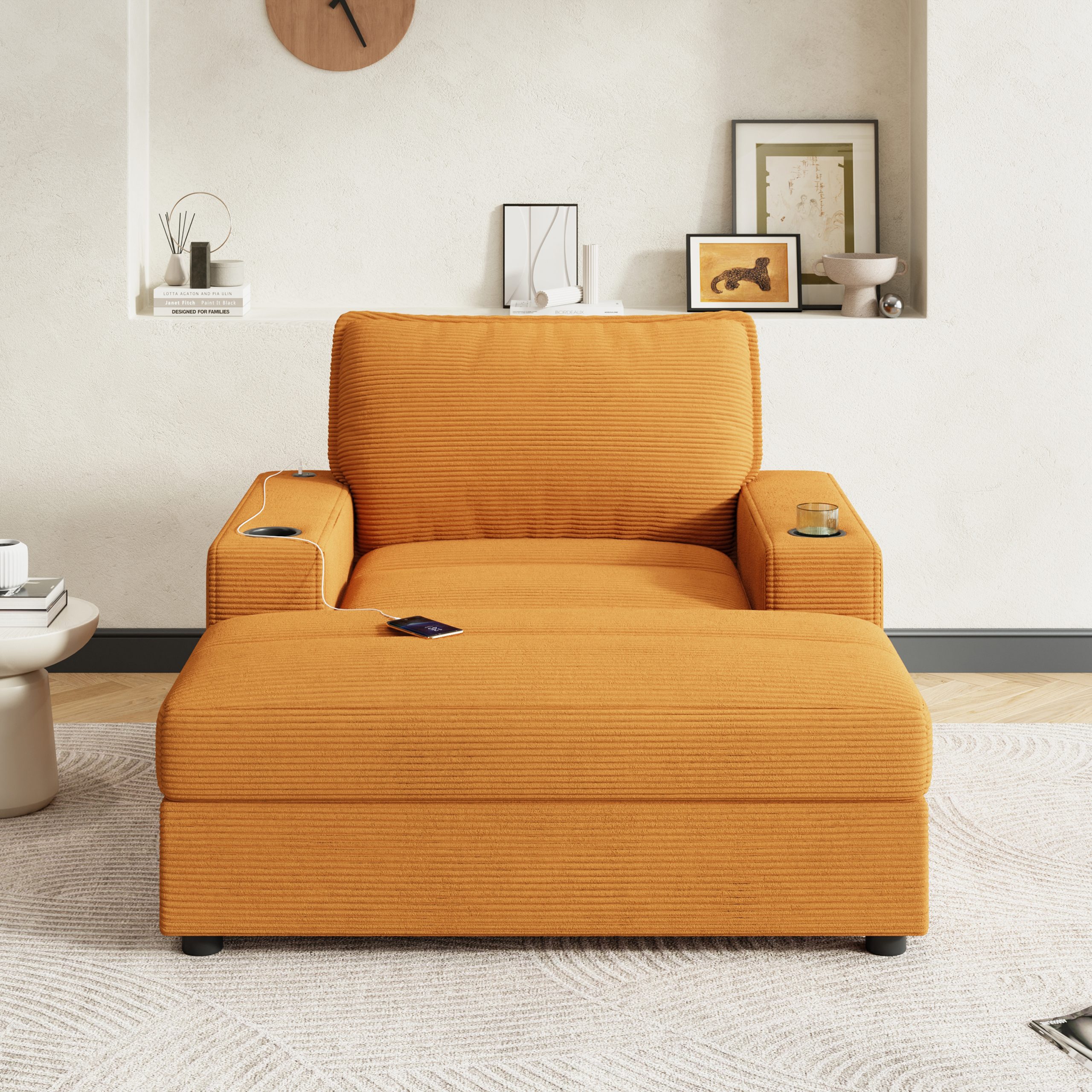 42.8" Oversized Chaise Lounge Chair with Storage Ottoman, Corduroy Sofa Bed with Cup Holders & USB Charging Port, Upholstered Sleeper Chair, Deep - Seat Reading Couch for Living Room, Bedroom,Yellow - Image 5