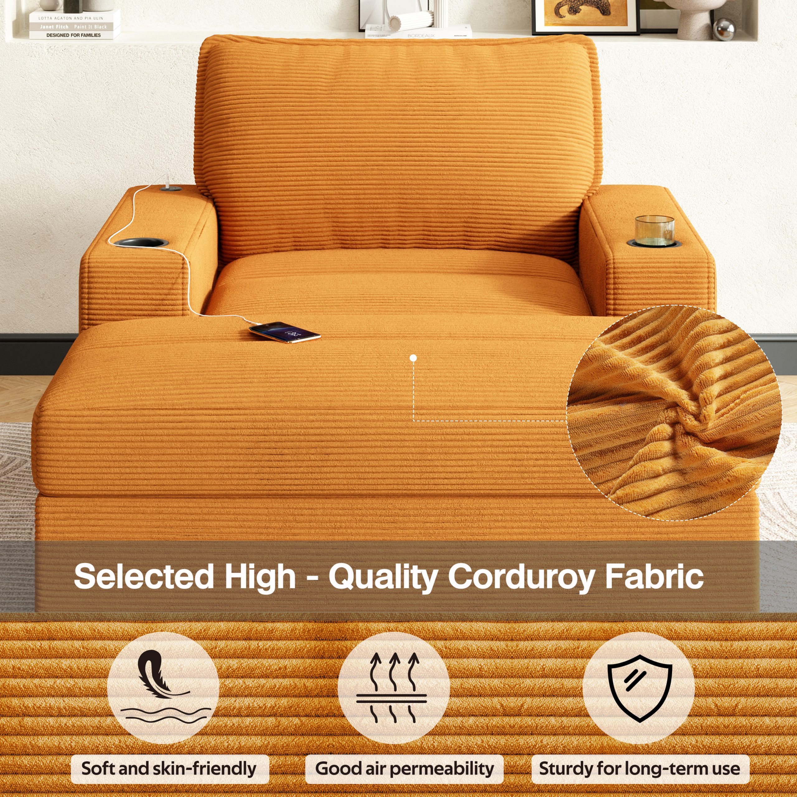 42.8" Oversized Chaise Lounge Chair with Storage Ottoman, Corduroy Sofa Bed with Cup Holders & USB Charging Port, Upholstered Sleeper Chair, Deep - Seat Reading Couch for Living Room, Bedroom,Yellow - Image 6