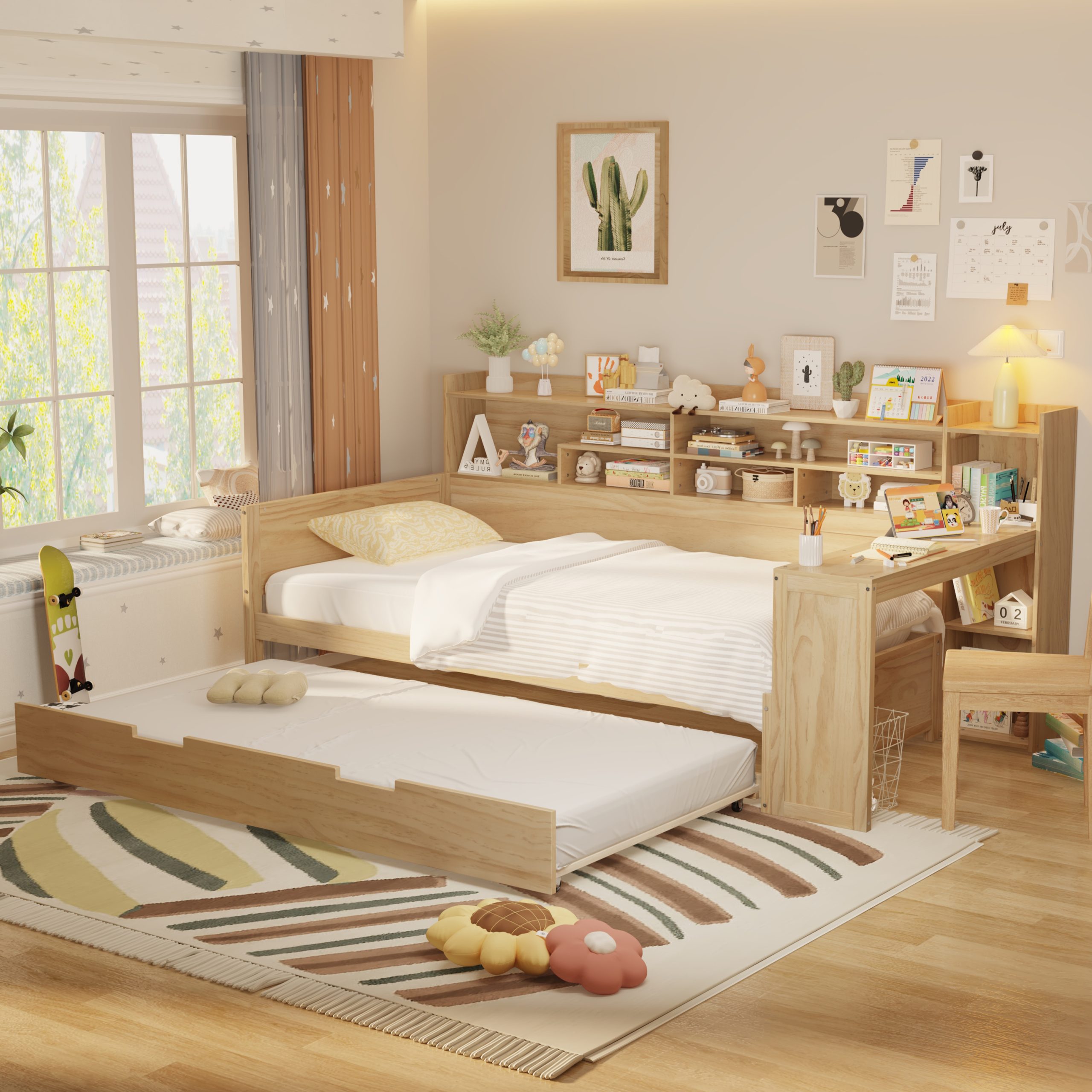 Wooden Twin Size Daybed with Storage Shelves, Multi-functional Bed with Twin Size Trundle Bed and Study Desk, Natural(Old SKU: N733S242275M)