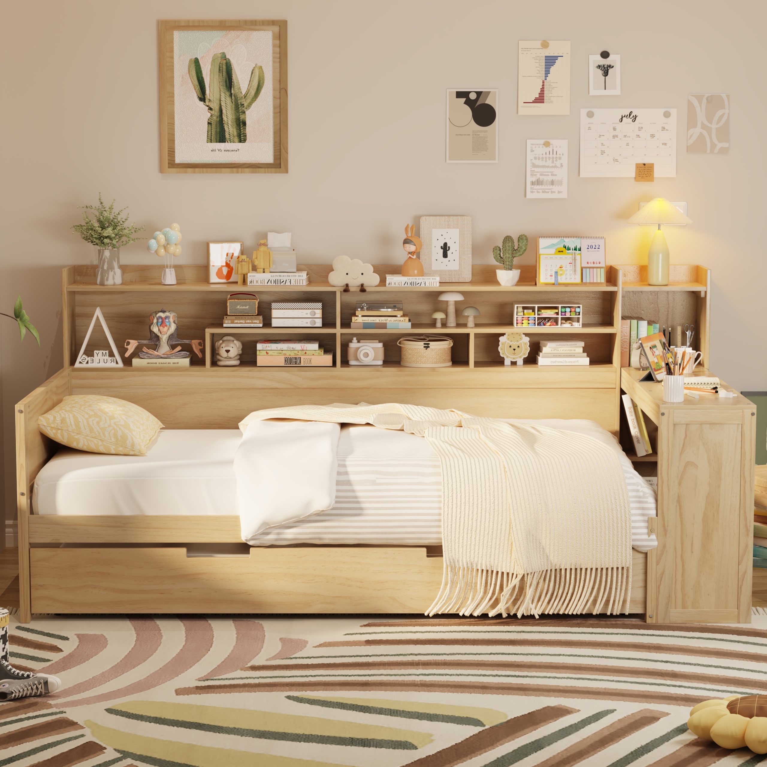 Wooden Twin Size Daybed with Storage Shelves, Multi-functional Bed with Twin Size Trundle Bed and Study Desk, Natural(Old SKU: N733S242275M) - Image 2