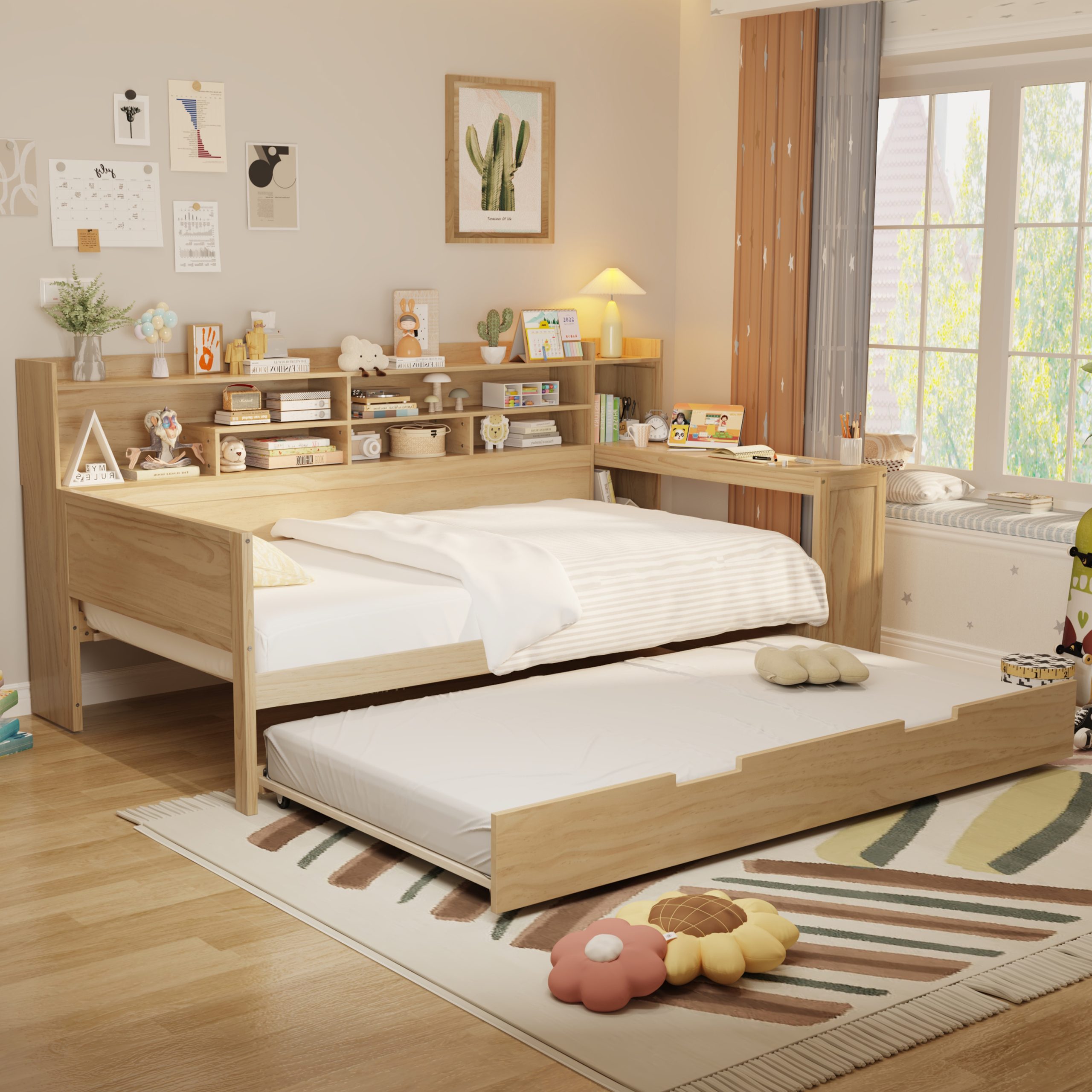 Wooden Twin Size Daybed with Storage Shelves, Multi-functional Bed with Twin Size Trundle Bed and Study Desk, Natural(Old SKU: N733S242275M) - Image 3