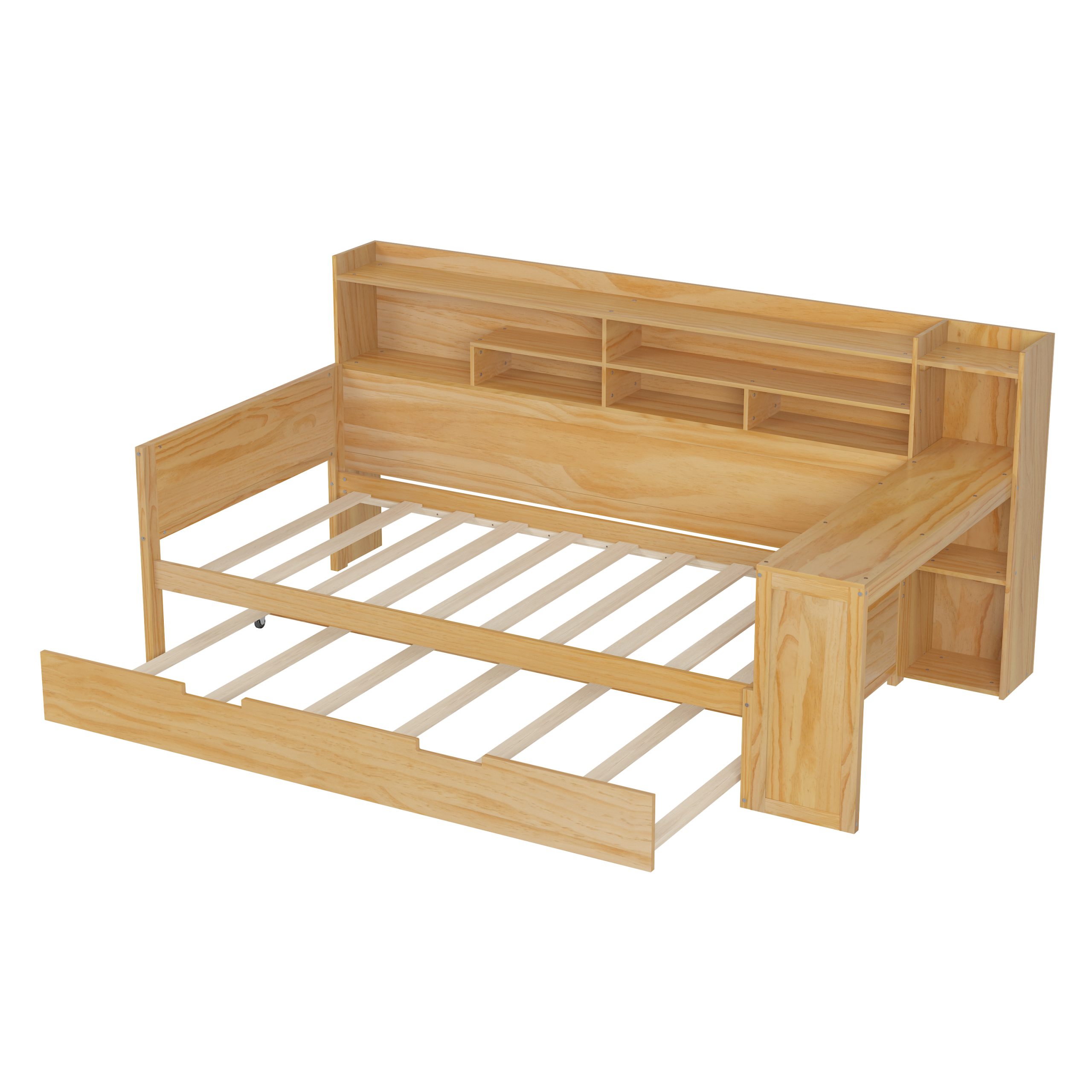Wooden Twin Size Daybed with Storage Shelves, Multi-functional Bed with Twin Size Trundle Bed and Study Desk, Natural(Old SKU: N733S242275M) - Image 4