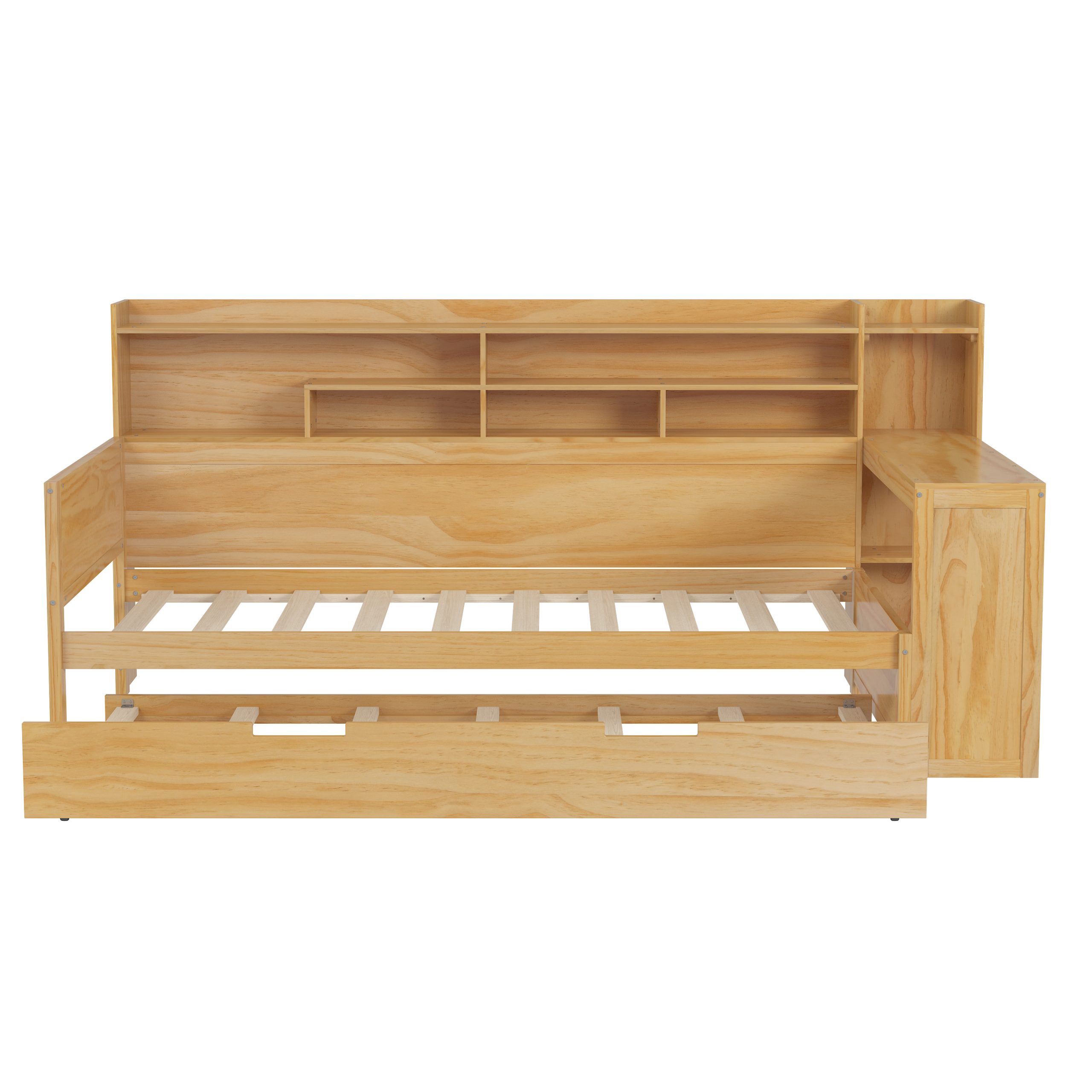 Wooden Twin Size Daybed with Storage Shelves, Multi-functional Bed with Twin Size Trundle Bed and Study Desk, Natural(Old SKU: N733S242275M) - Image 5