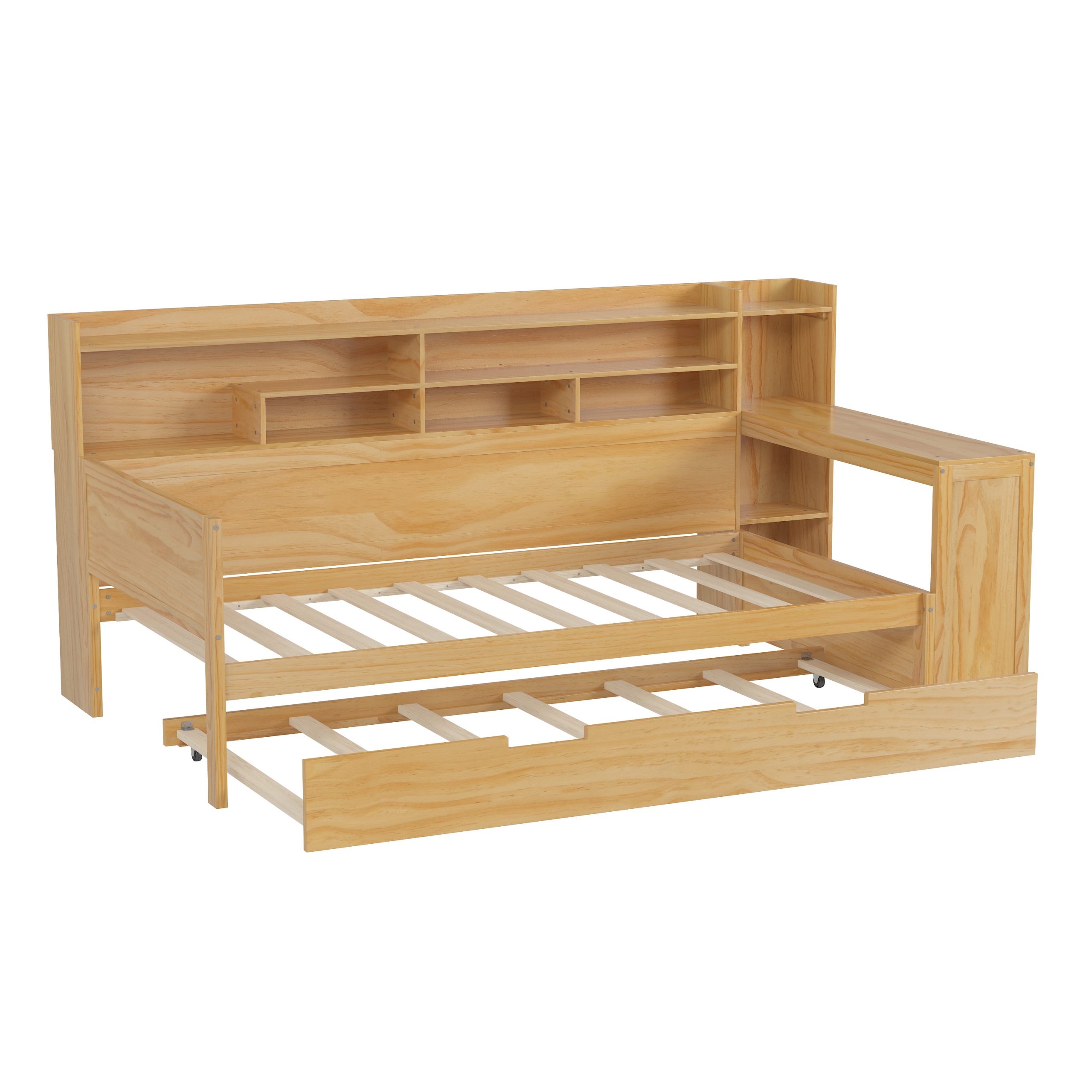 Wooden Twin Size Daybed with Storage Shelves, Multi-functional Bed with Twin Size Trundle Bed and Study Desk, Natural(Old SKU: N733S242275M) - Image 6