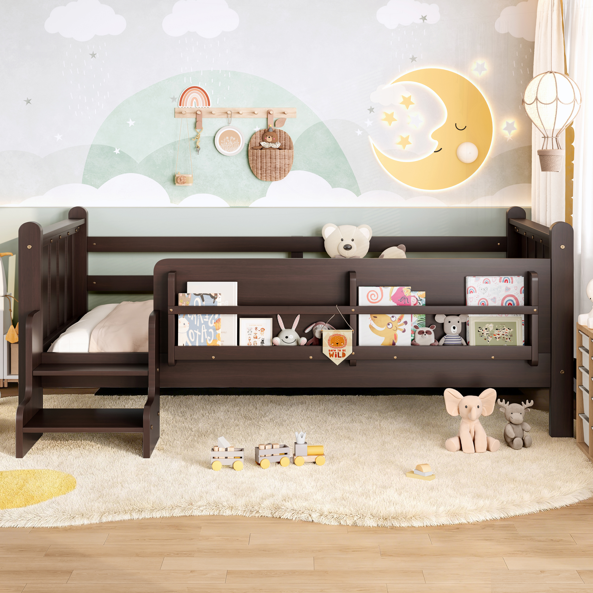 Twin Size Floor Bed with Storage Bookcases, Solid Wood Kids Floor Bed with Cute Stairs and Guardrails, No Box Spring Needed, Espresso - Image 2
