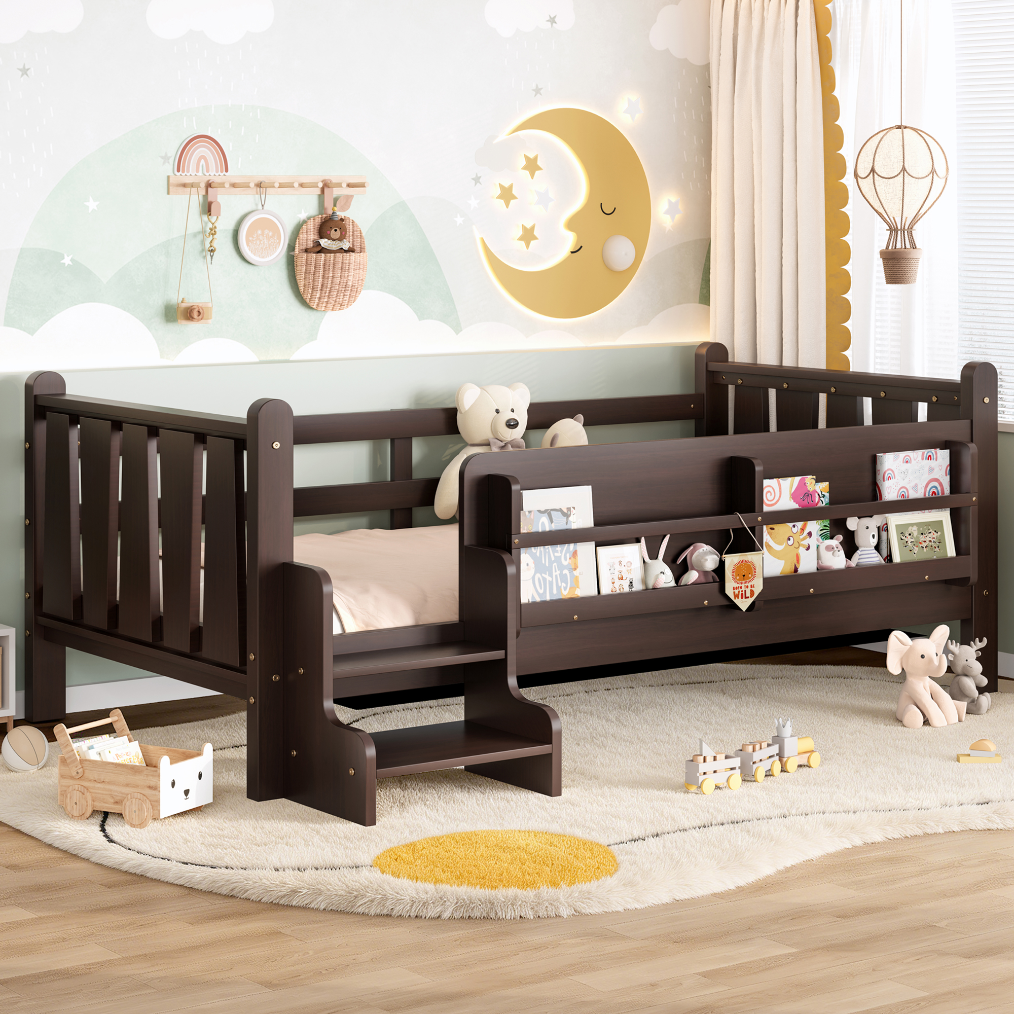Twin Size Floor Bed with Storage Bookcases, Solid Wood Kids Floor Bed with Cute Stairs and Guardrails, No Box Spring Needed, Espresso - Image 3