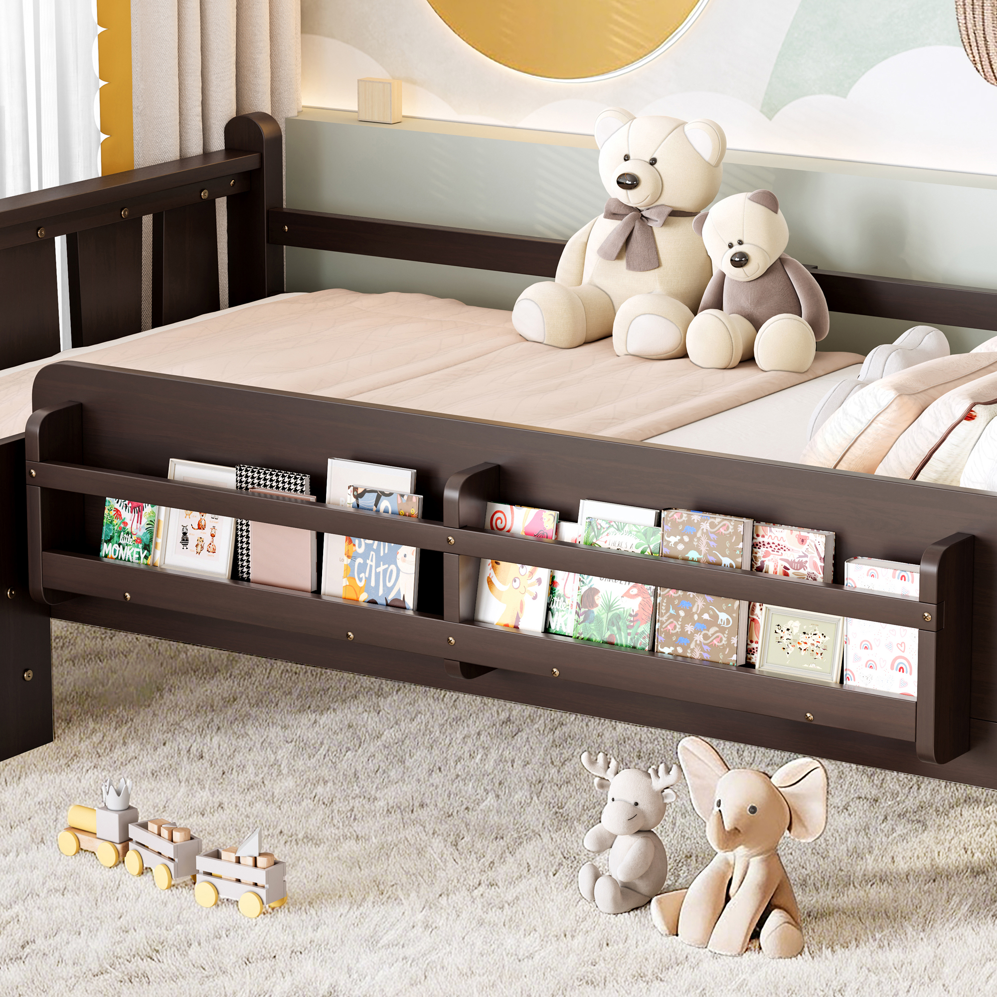 Twin Size Floor Bed with Storage Bookcases, Solid Wood Kids Floor Bed with Cute Stairs and Guardrails, No Box Spring Needed, Espresso - Image 4