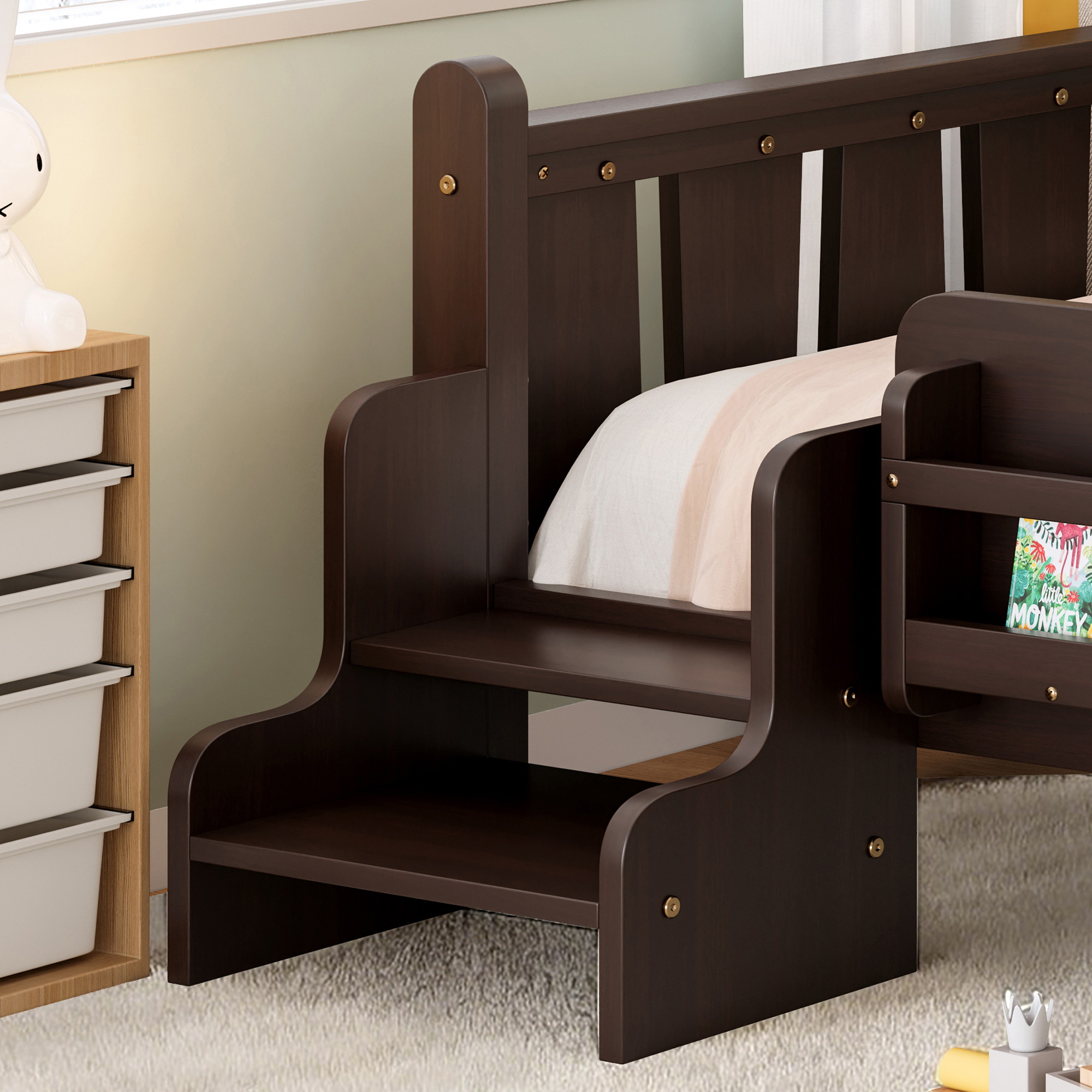 Twin Size Floor Bed with Storage Bookcases, Solid Wood Kids Floor Bed with Cute Stairs and Guardrails, No Box Spring Needed, Espresso - Image 5