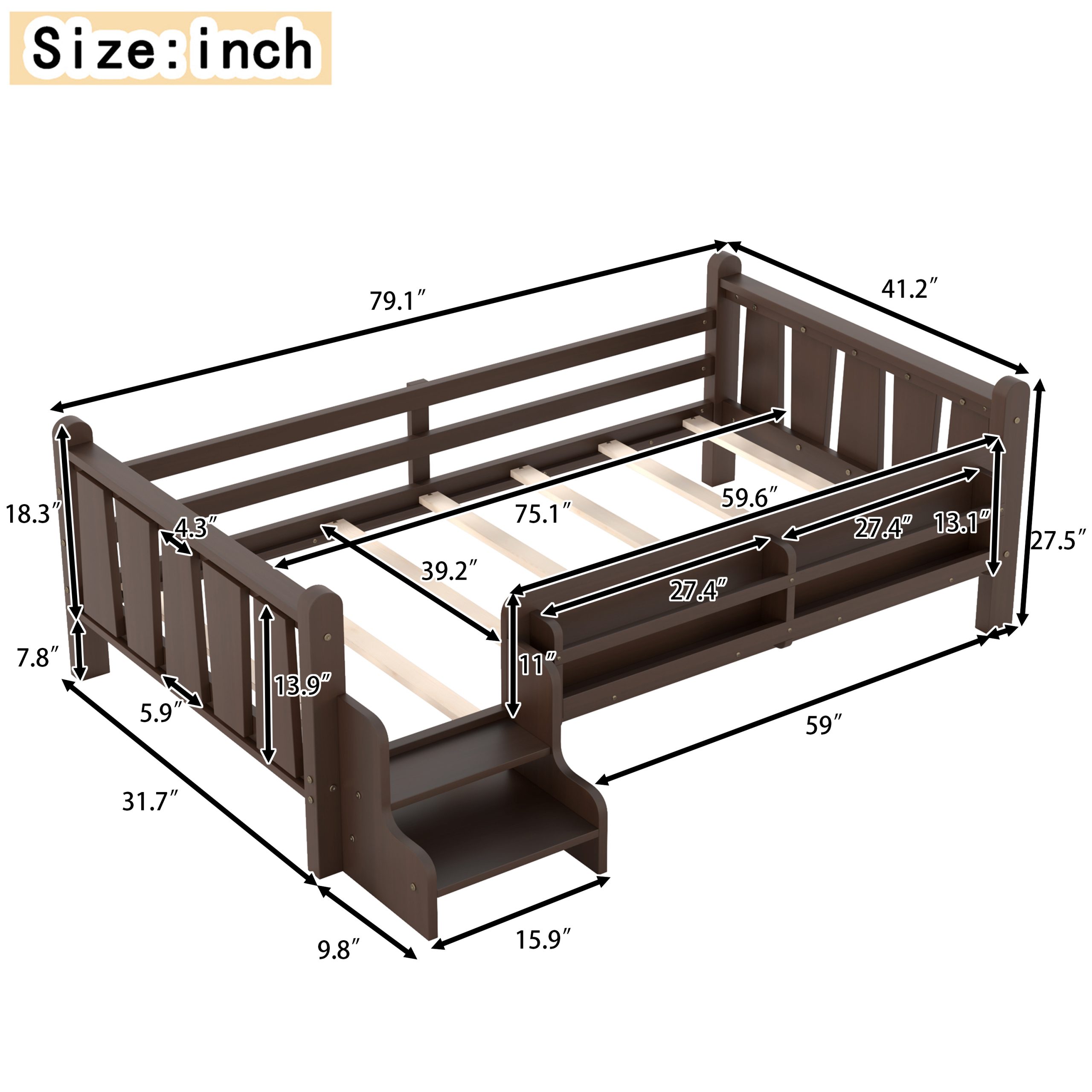 Twin Size Floor Bed with Storage Bookcases, Solid Wood Kids Floor Bed with Cute Stairs and Guardrails, No Box Spring Needed, Espresso - Image 6