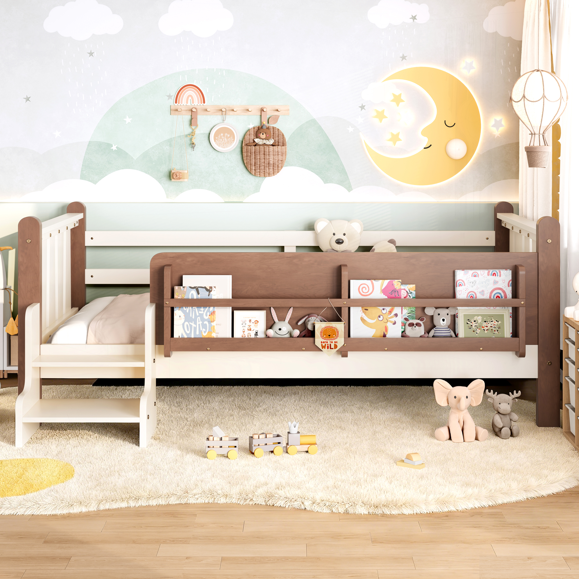 Twin Size Floor Bed with Storage Bookcases, Solid Wood Kids Floor Bed with Cute Stairs and Guardrails, No Box Spring Needed, Beige - Image 2