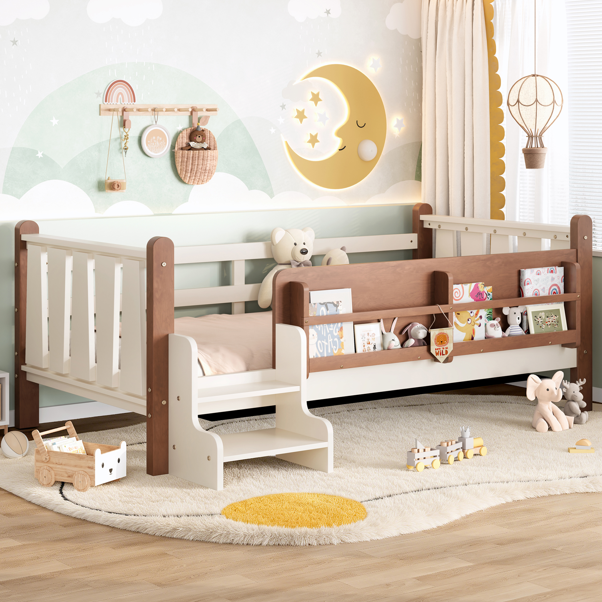 Twin Size Floor Bed with Storage Bookcases, Solid Wood Kids Floor Bed with Cute Stairs and Guardrails, No Box Spring Needed, Beige - Image 3