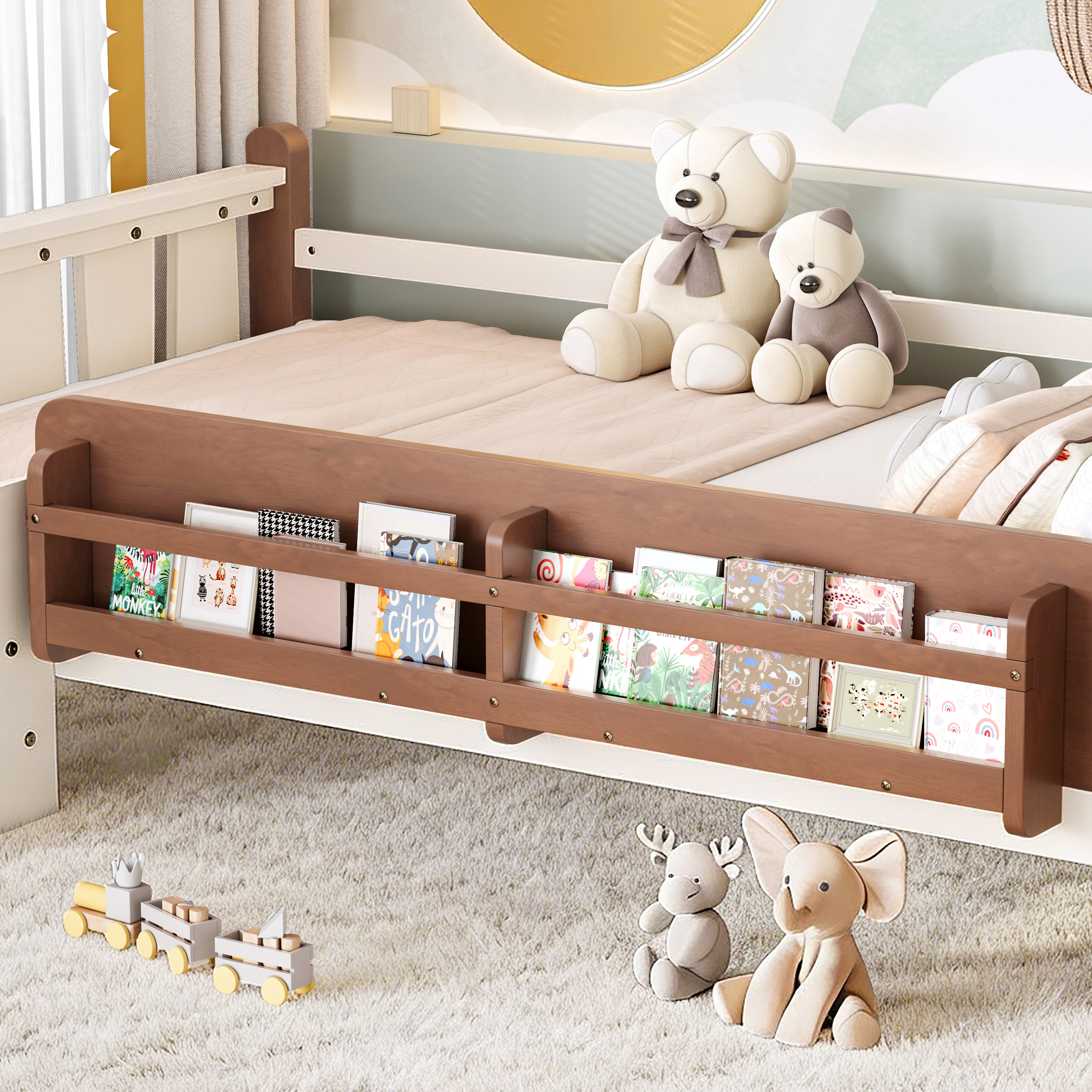 Twin Size Floor Bed with Storage Bookcases, Solid Wood Kids Floor Bed with Cute Stairs and Guardrails, No Box Spring Needed, Beige - Image 4