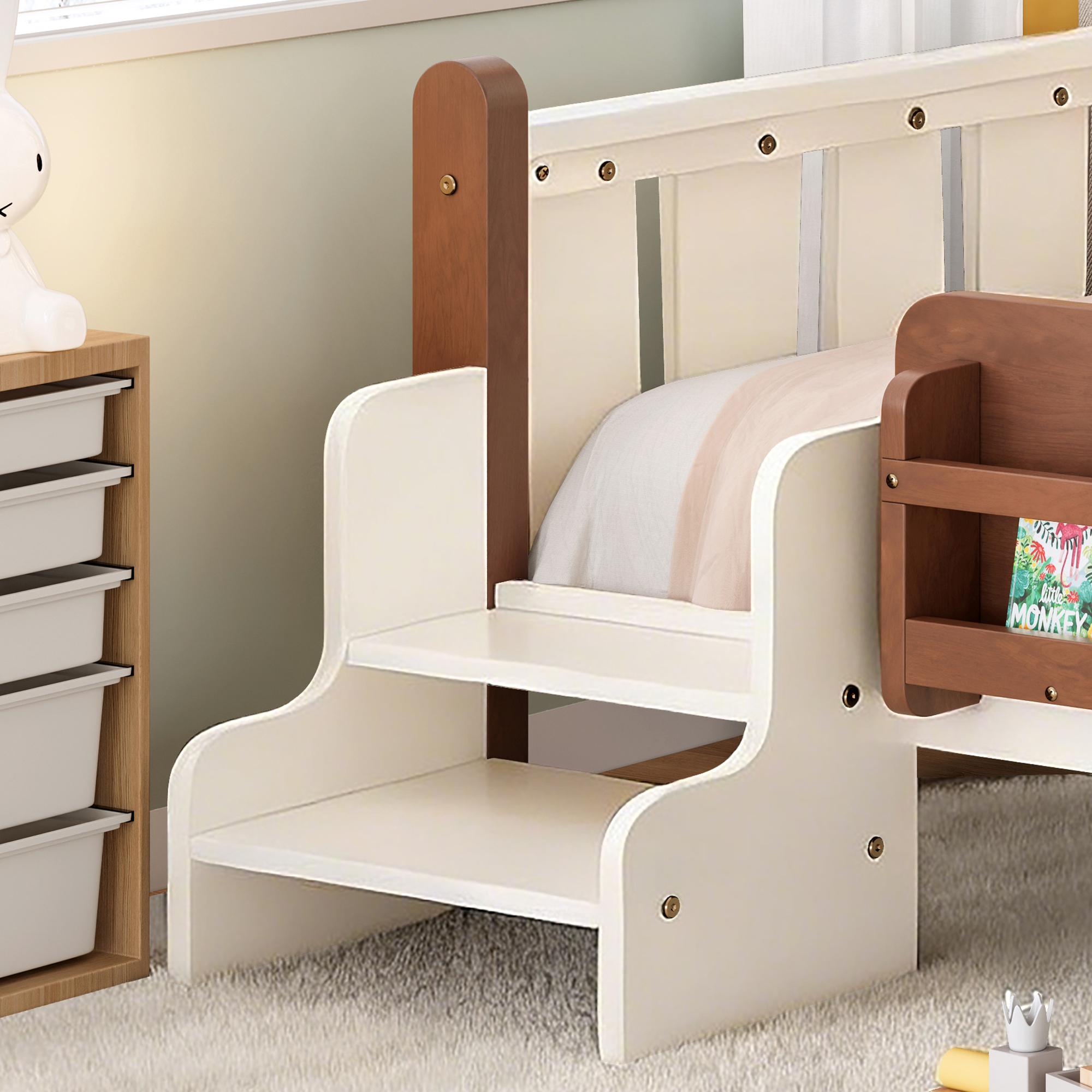 Twin Size Floor Bed with Storage Bookcases, Solid Wood Kids Floor Bed with Cute Stairs and Guardrails, No Box Spring Needed, Beige - Image 5