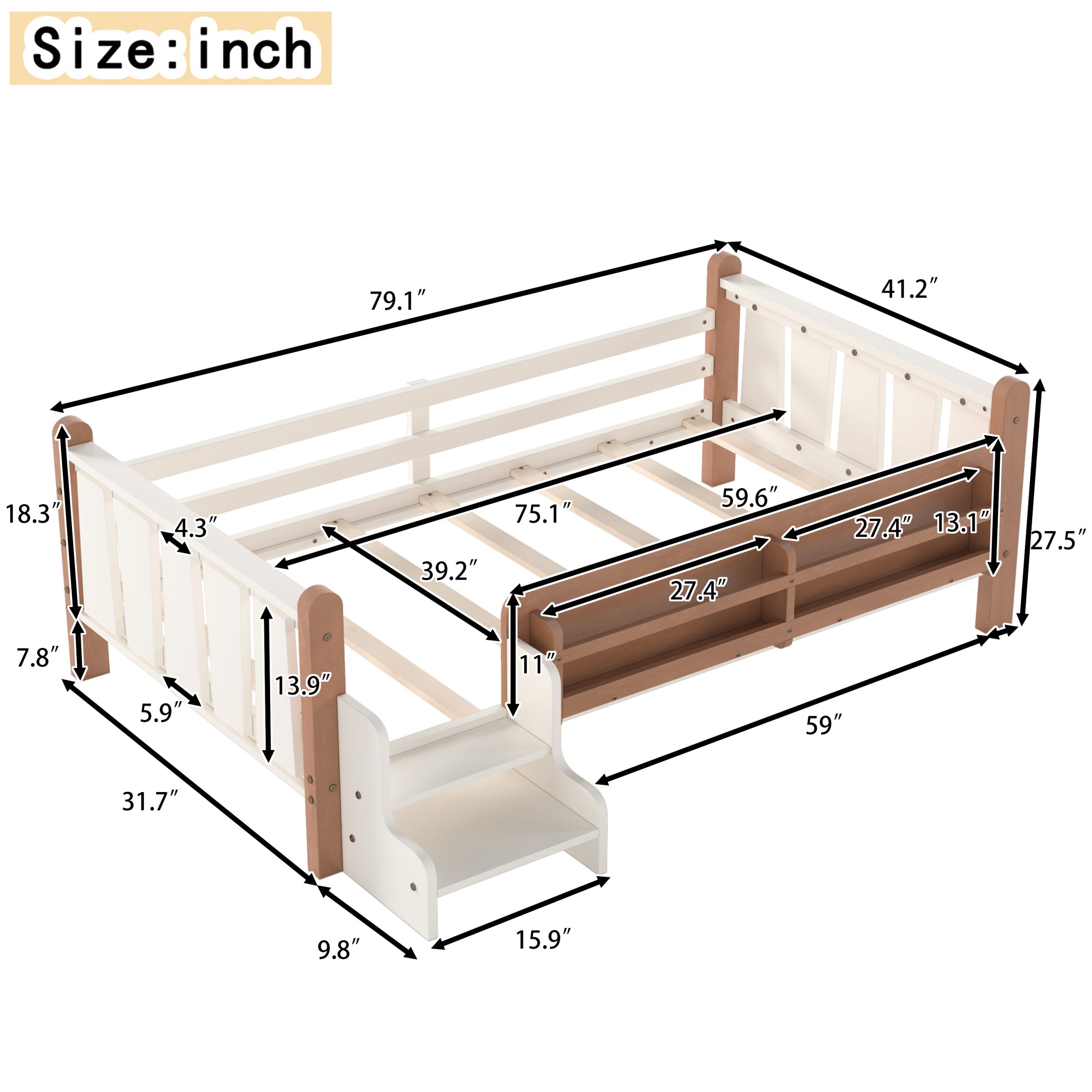 Twin Size Floor Bed with Storage Bookcases, Solid Wood Kids Floor Bed with Cute Stairs and Guardrails, No Box Spring Needed, Beige - Image 6