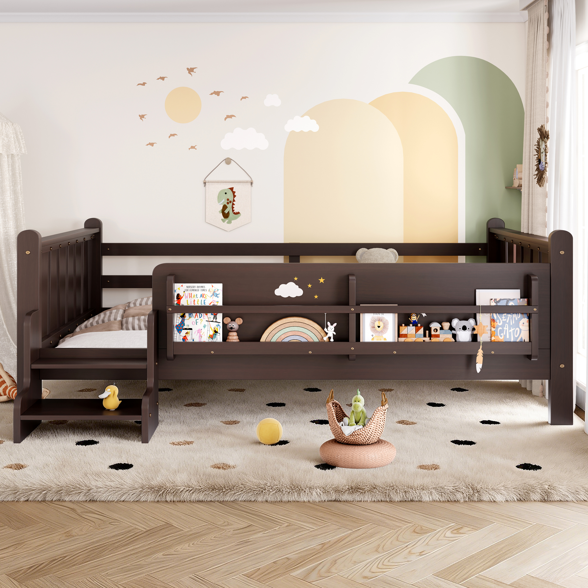 Full Size Floor Bed with Storage Bookcases, Solid Wood Kids Floor Bed with Cute Stairs and Guardrails, No Box Spring Needed, Espresso - Image 2