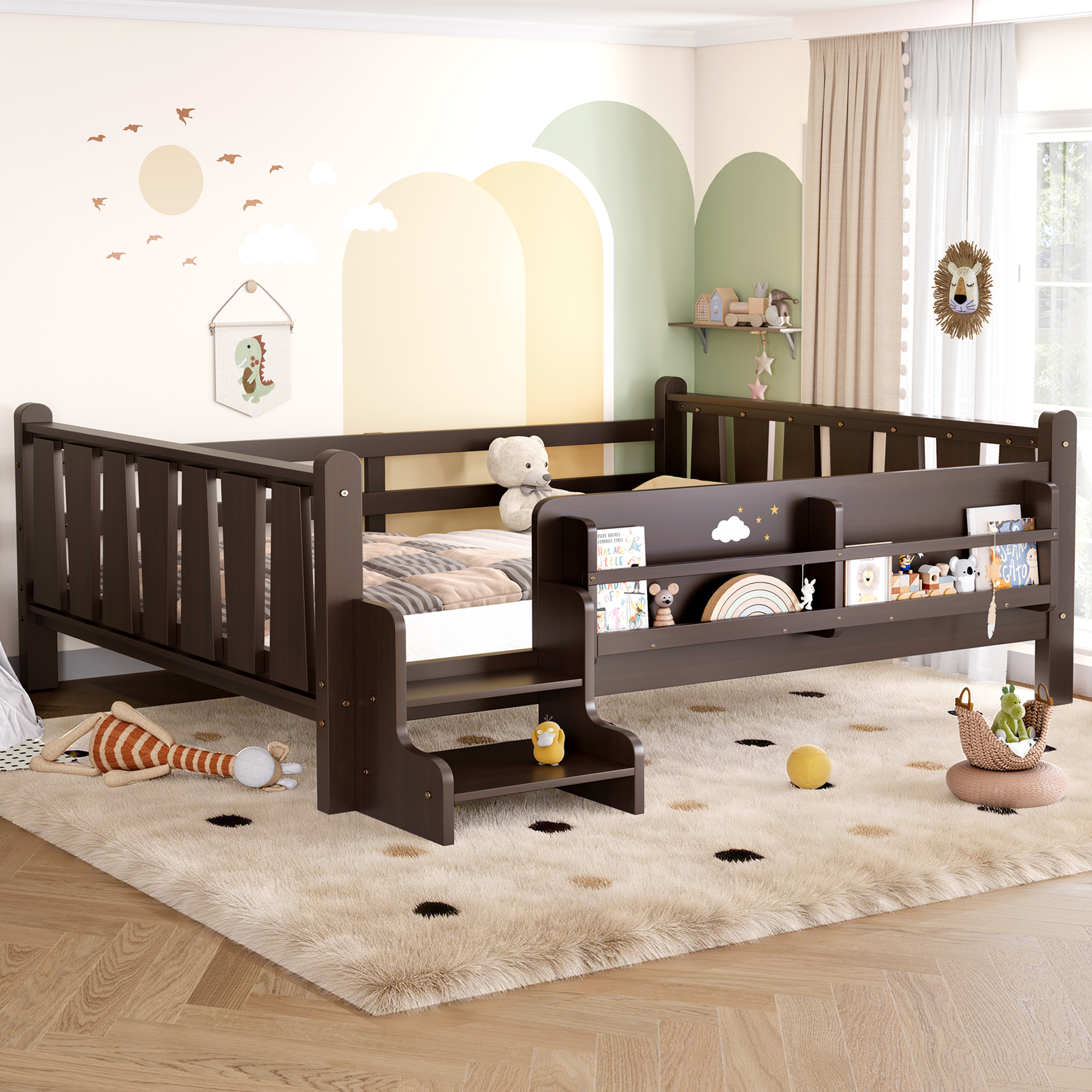 Full Size Floor Bed with Storage Bookcases, Solid Wood Kids Floor Bed with Cute Stairs and Guardrails, No Box Spring Needed, Espresso - Image 3