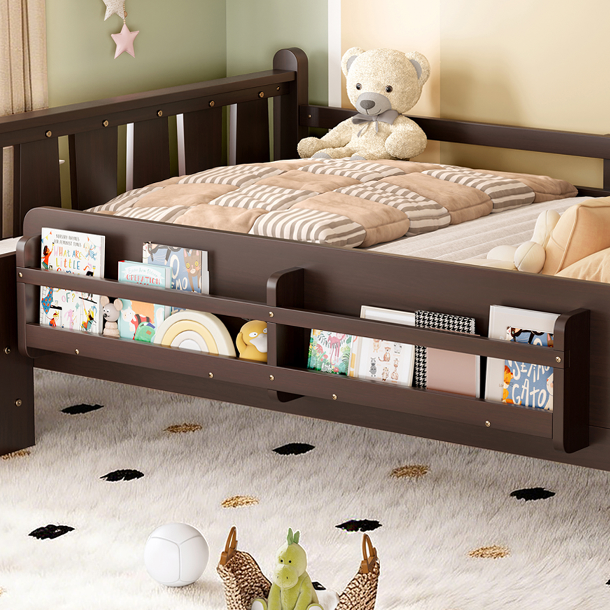 Full Size Floor Bed with Storage Bookcases, Solid Wood Kids Floor Bed with Cute Stairs and Guardrails, No Box Spring Needed, Espresso - Image 4