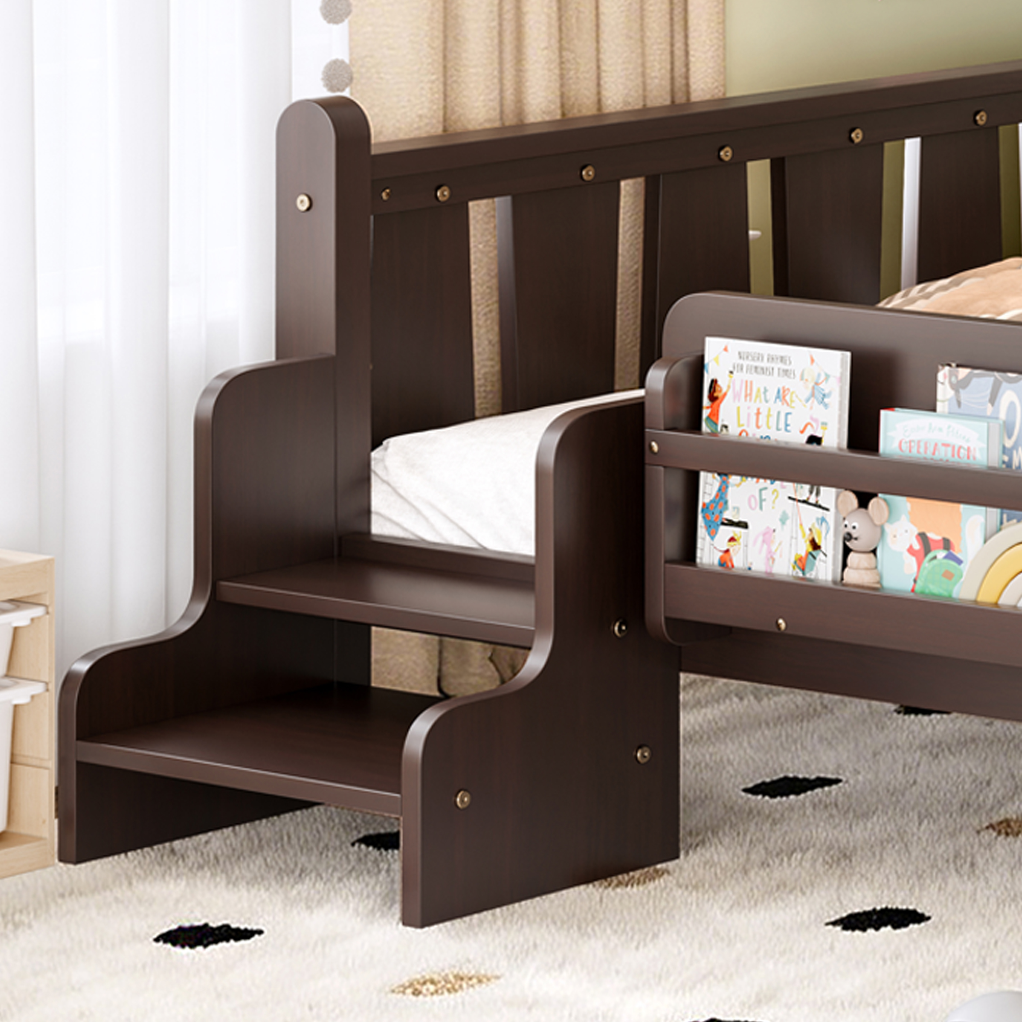 Full Size Floor Bed with Storage Bookcases, Solid Wood Kids Floor Bed with Cute Stairs and Guardrails, No Box Spring Needed, Espresso - Image 5