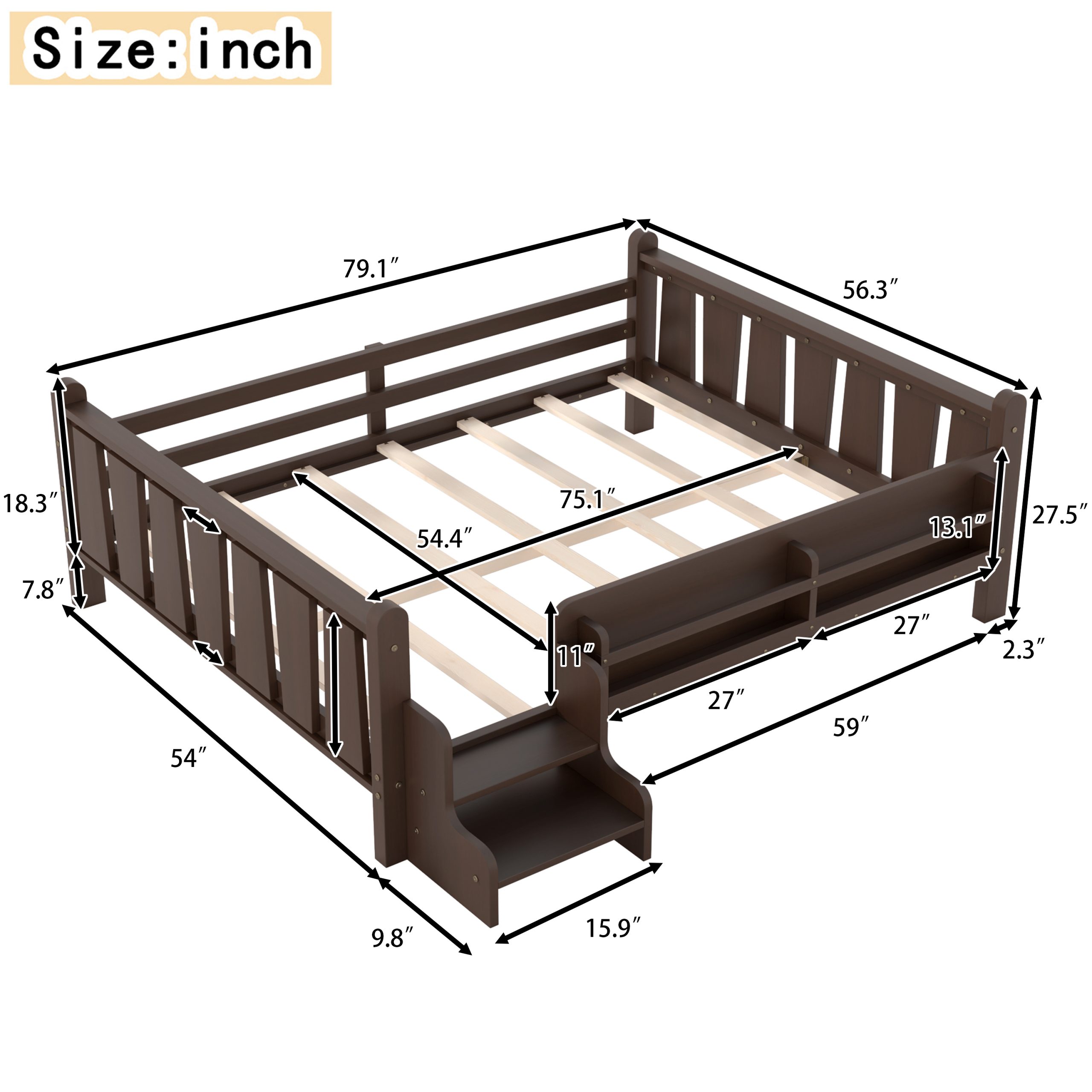Full Size Floor Bed with Storage Bookcases, Solid Wood Kids Floor Bed with Cute Stairs and Guardrails, No Box Spring Needed, Espresso - Image 6