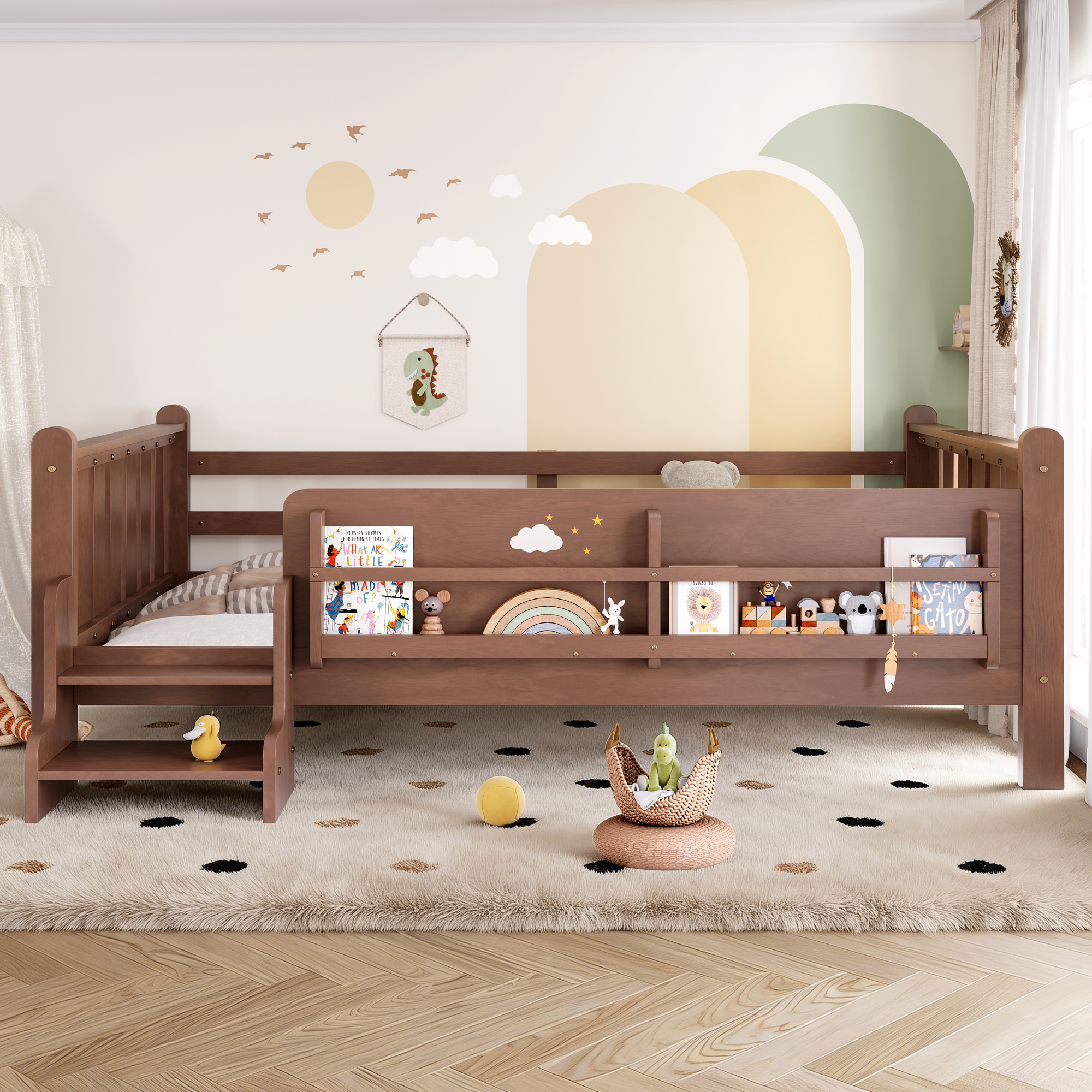 Full Size Floor Bed with Storage Bookcases, Solid Wood Kids Floor Bed with Cute Stairs and Guardrails, No Box Spring Needed, Natural - Image 2
