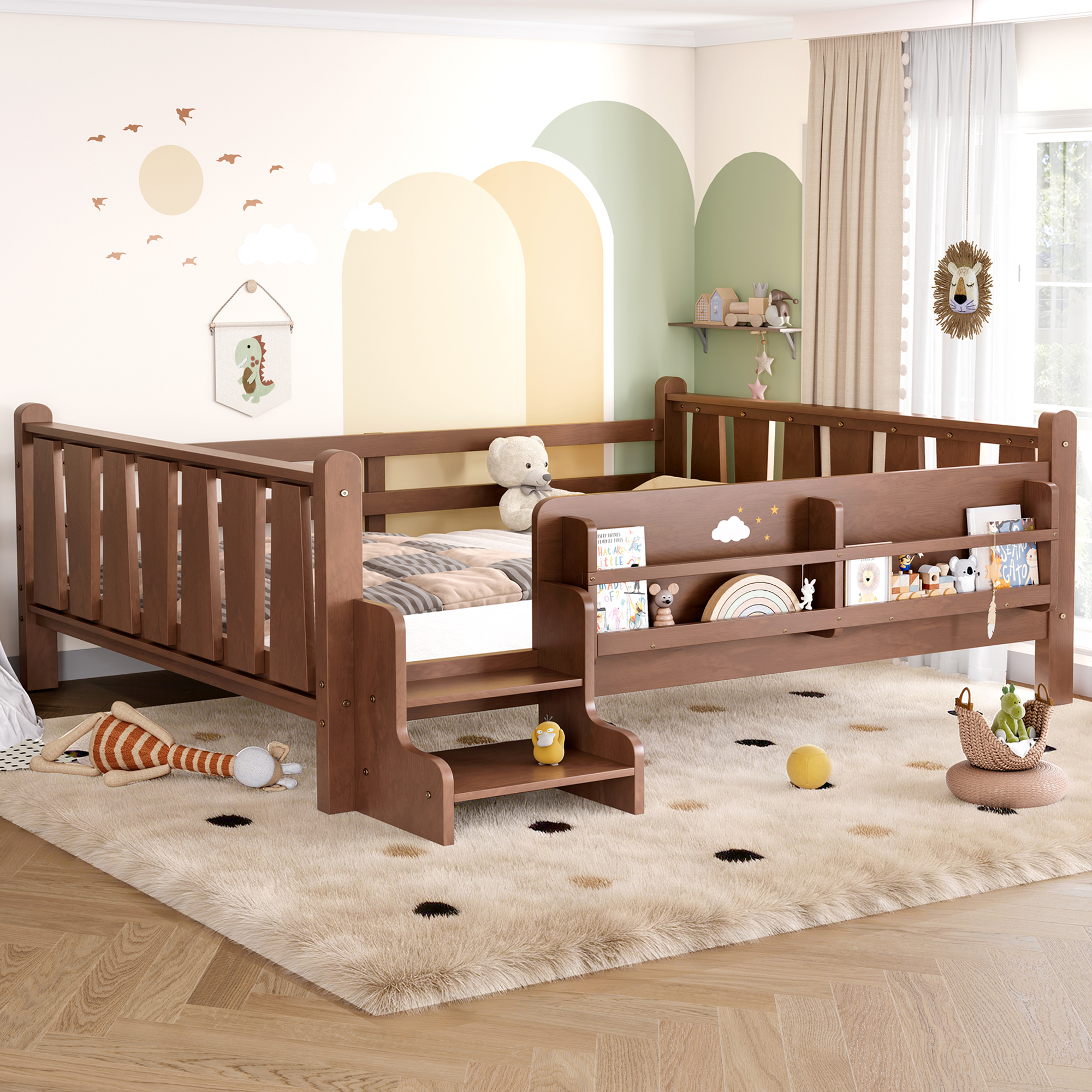 Full Size Floor Bed with Storage Bookcases, Solid Wood Kids Floor Bed with Cute Stairs and Guardrails, No Box Spring Needed, Natural - Image 3