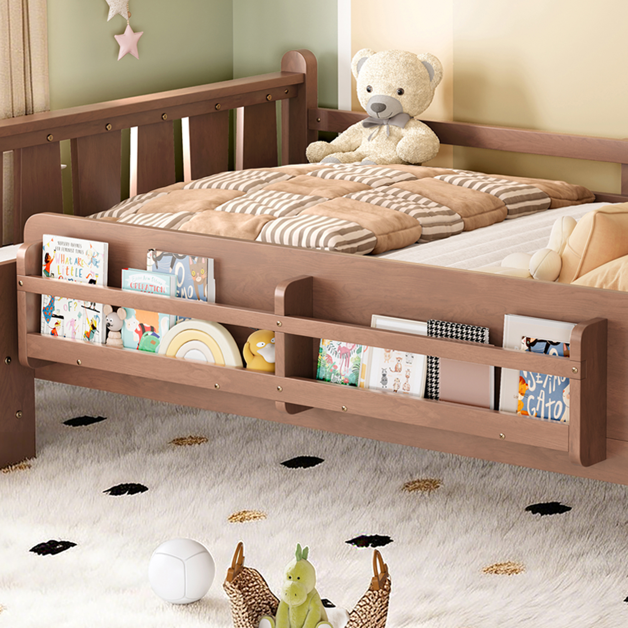 Full Size Floor Bed with Storage Bookcases, Solid Wood Kids Floor Bed with Cute Stairs and Guardrails, No Box Spring Needed, Natural - Image 4